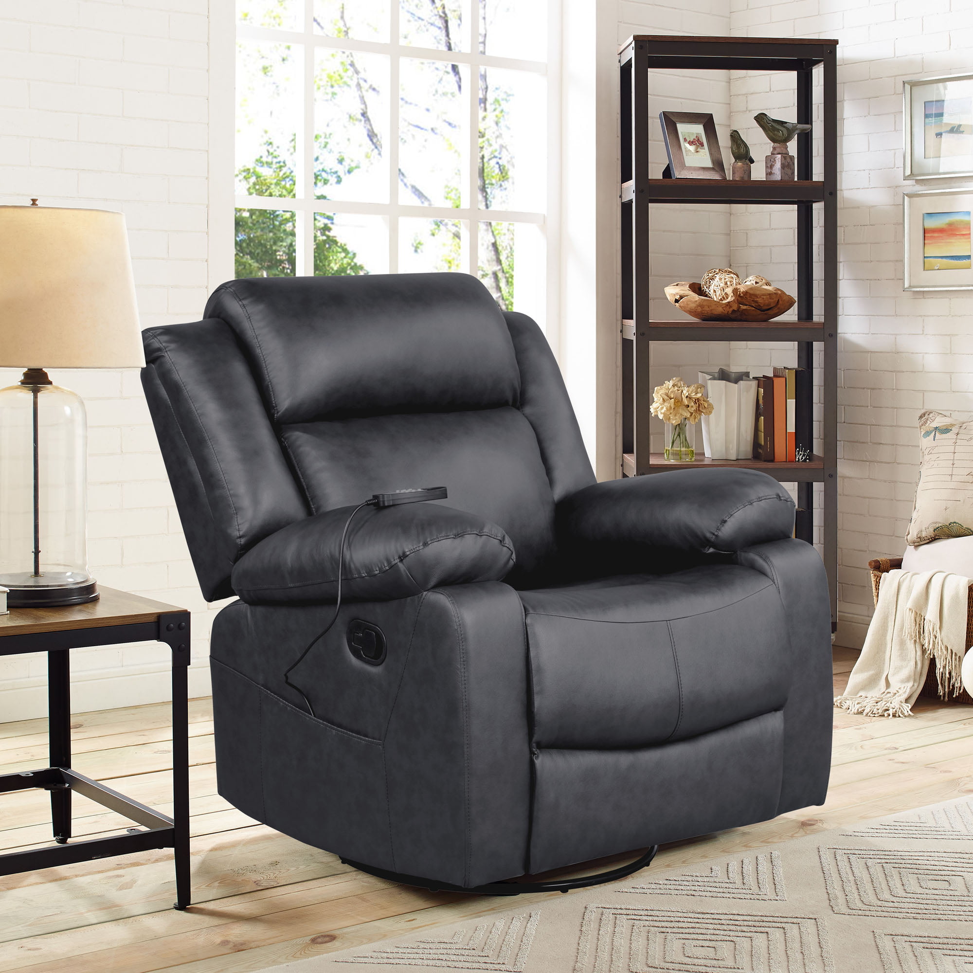 Elm & Oak Maxima Standard Manual Swivel Recliner with Massage and Heat. Black Faux Leather