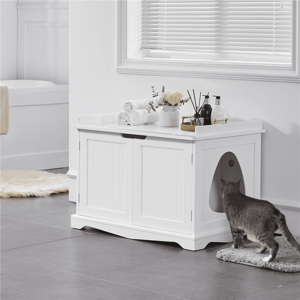 Easyfashion Wooden Cat Litter Box Furniture with Door. White