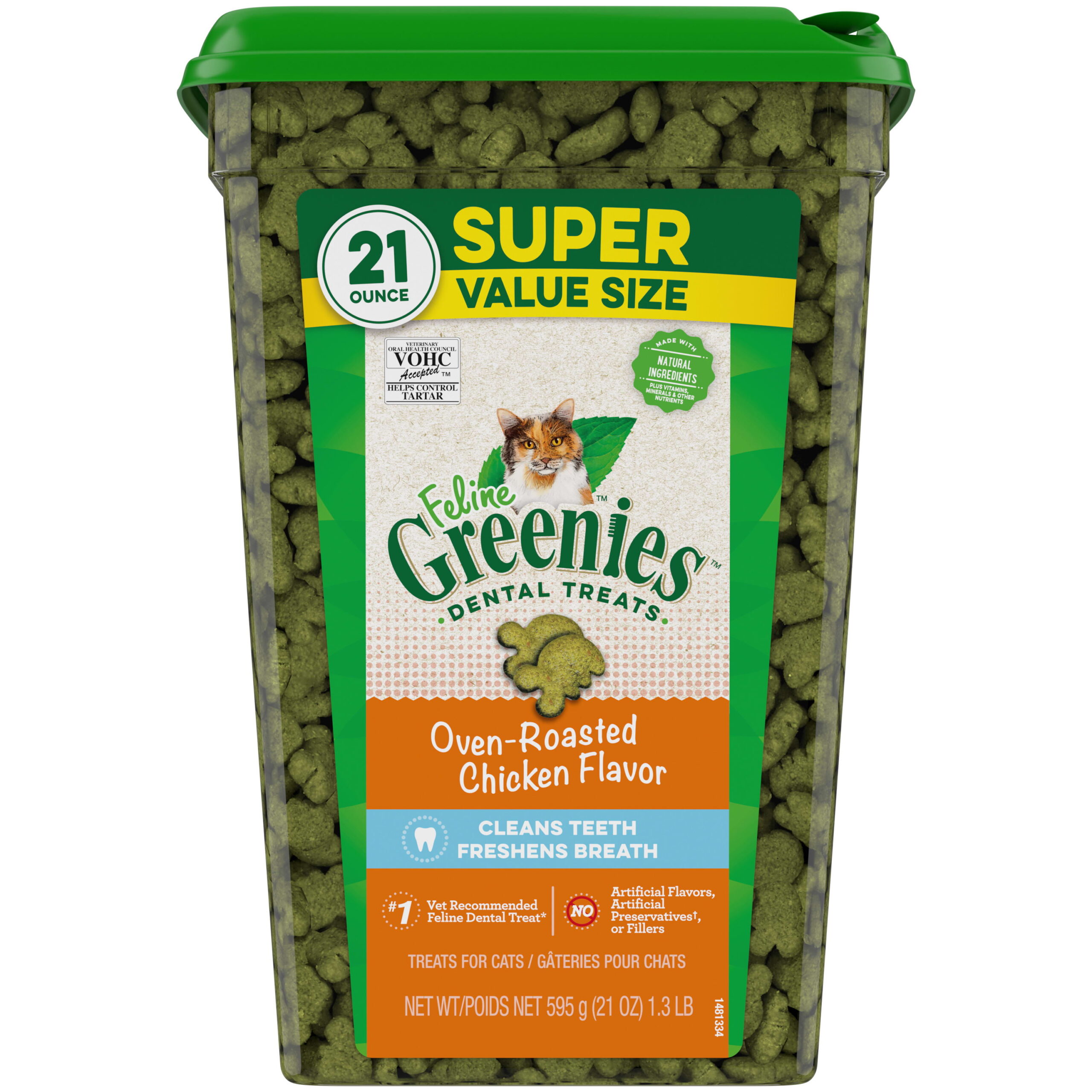 FELINE GREENIES Adult Natural Dental Care Cat Treats. Oven Roasted Chicken Flavor. 21 oz. Tub