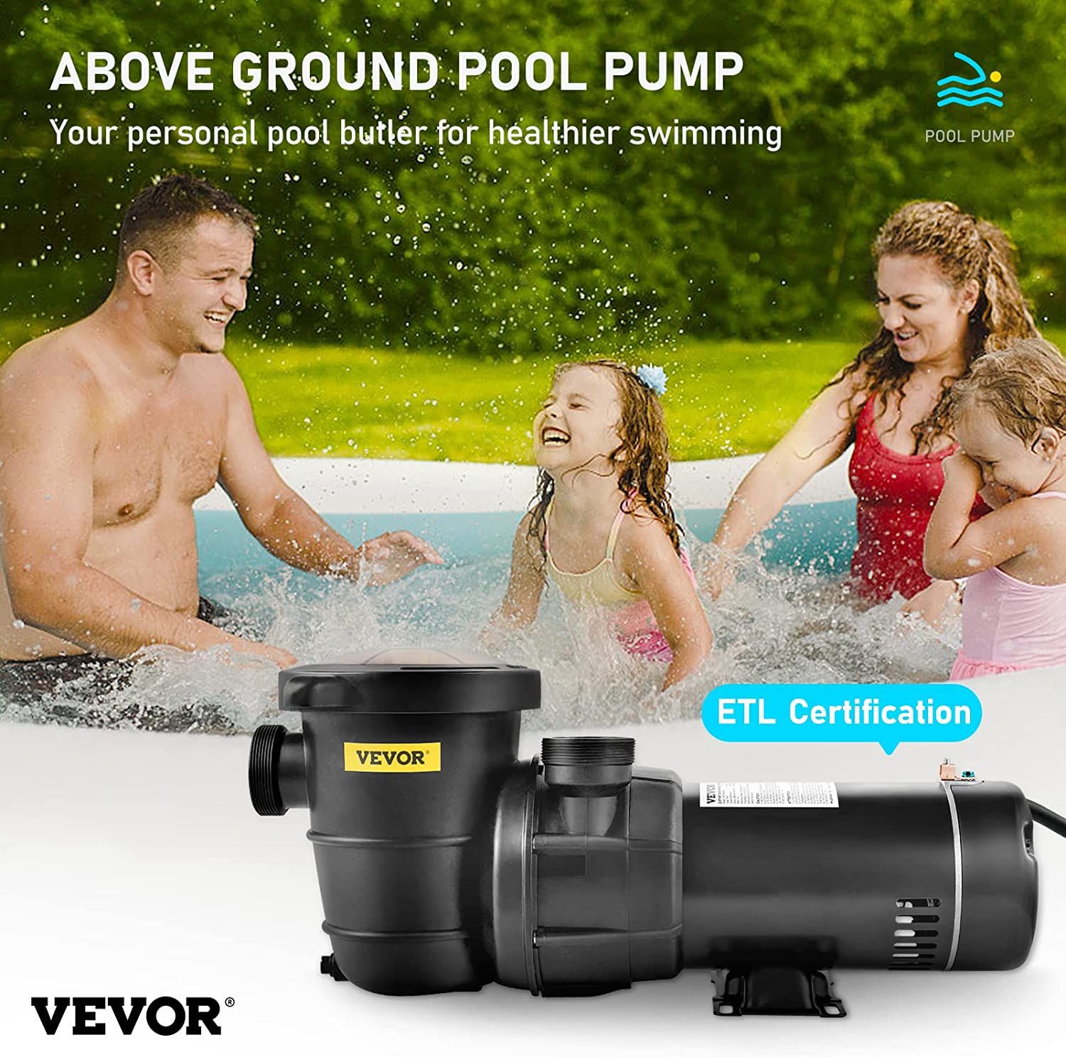 VEVOR Pool Pump Aboveground 1.5HP 115V. Single Speed. 5280GPH 1100W Powerful Swimming Pool Pump. Self Primming Pool Filtre Pump with Strainer Basket. 4 Pipe Fittings. Low Noise