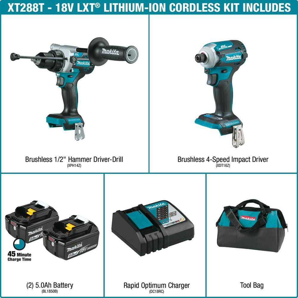 Makita XT288T-XRW01Z 18V LXT Lithium-Ion Brushless Cordless Combo Kit 5.0 Ah (2-Pc) with bonus 3/8 in./1/4 in. 18V LXT Square Drive Ratchet