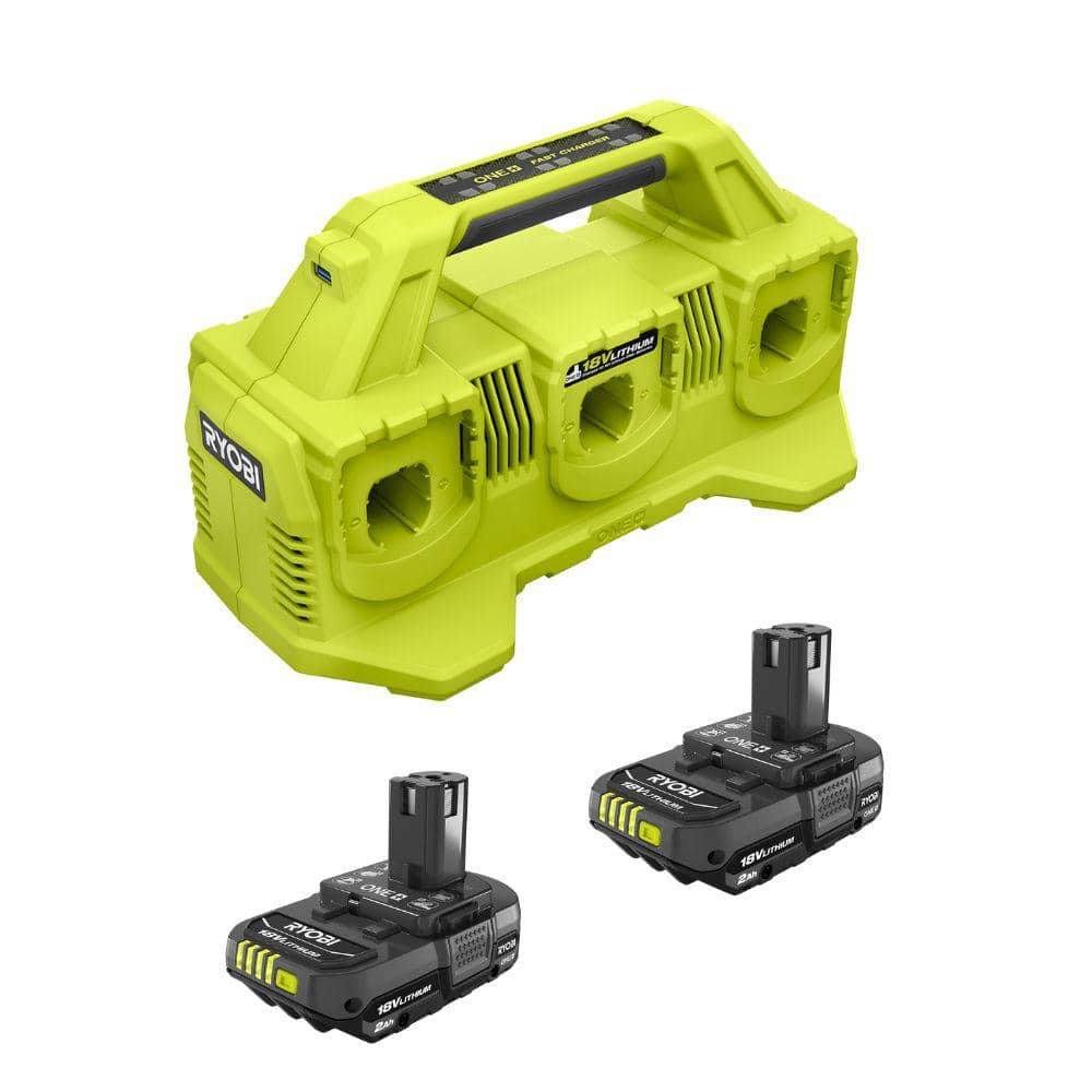 RYOBI PBP2006-PCG006 ONE+ 18V Lithium-Ion 2.0 Ah Compact Battery (2-Pack) with 6-Port Charger