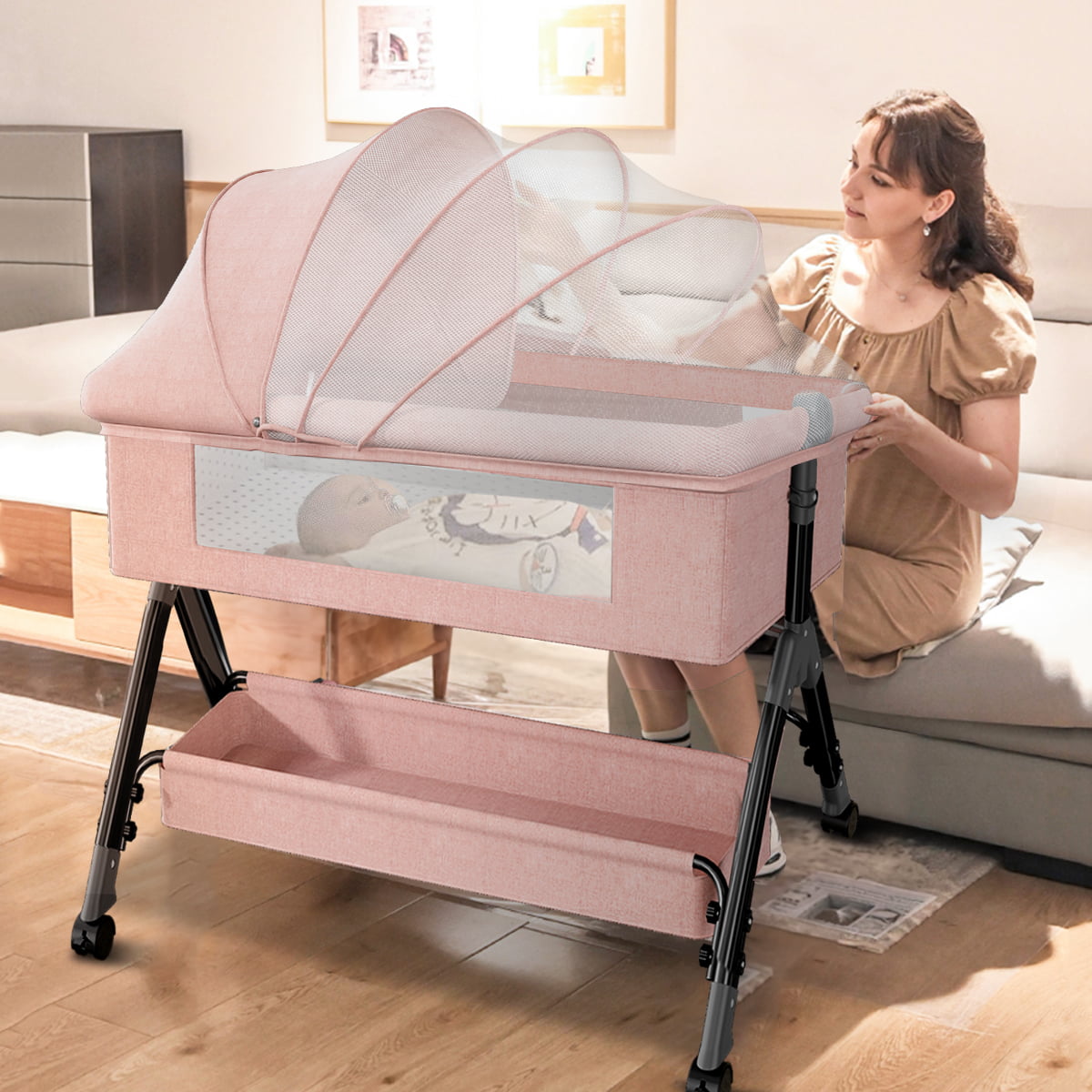 Baby Bassinet. Adjustable Baby Bedside Sleeper Bassinet with 360°Wheel. Baby Cradle for Infant.Newborn.Pink