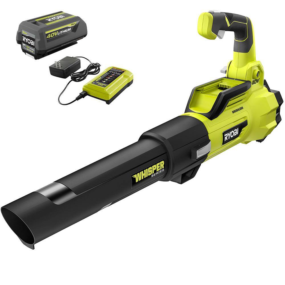 RYOBI RY40470-LB 40V Brushless 125 MPH 550 CFM Cordless Battery Whisper Series Blower and Lawn & Leaf Bag w/ 4.0 Ah Battery & Charger