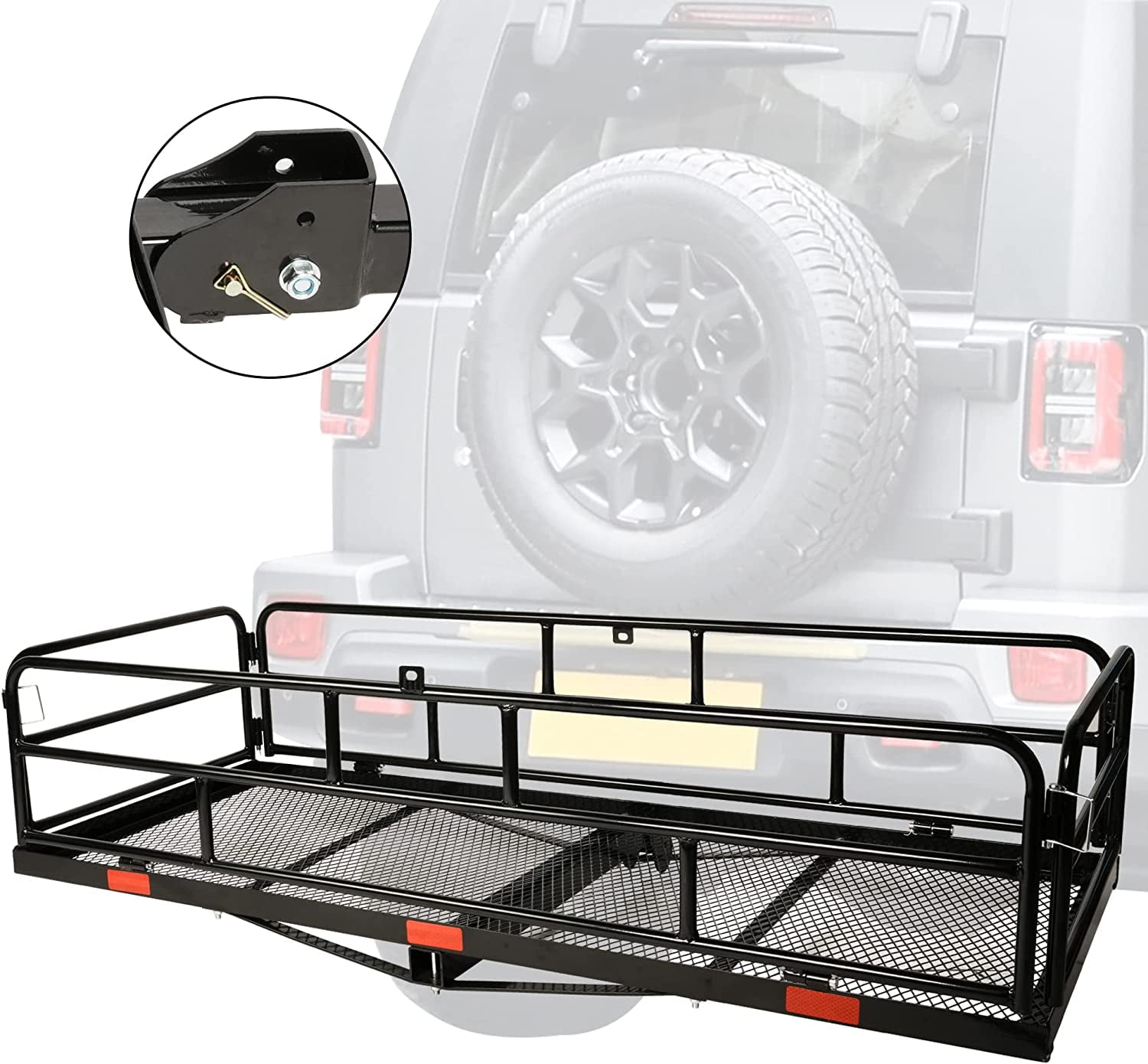 Folding Hitch Mount Cargo Carrier. 500lb Heavy Duty Capacity Rear Cargo Luggage Rack Basket for Car SUV Camping Traveling.60″ X 24″ X 14″. Black