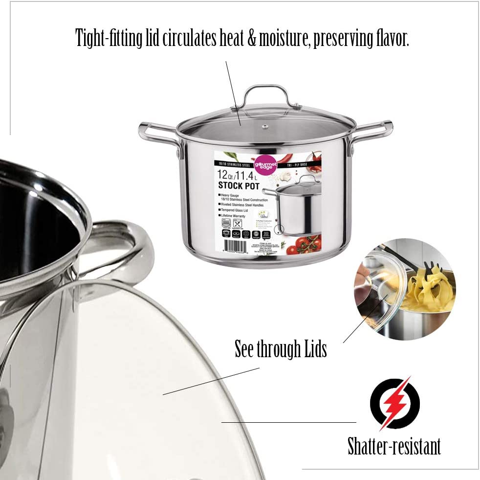 Gourmet Edge 20-Quart Stock Pot - Stainless Steel Soup Pots with Lid as Dishwasher and Oven Safe Cookware. Silver