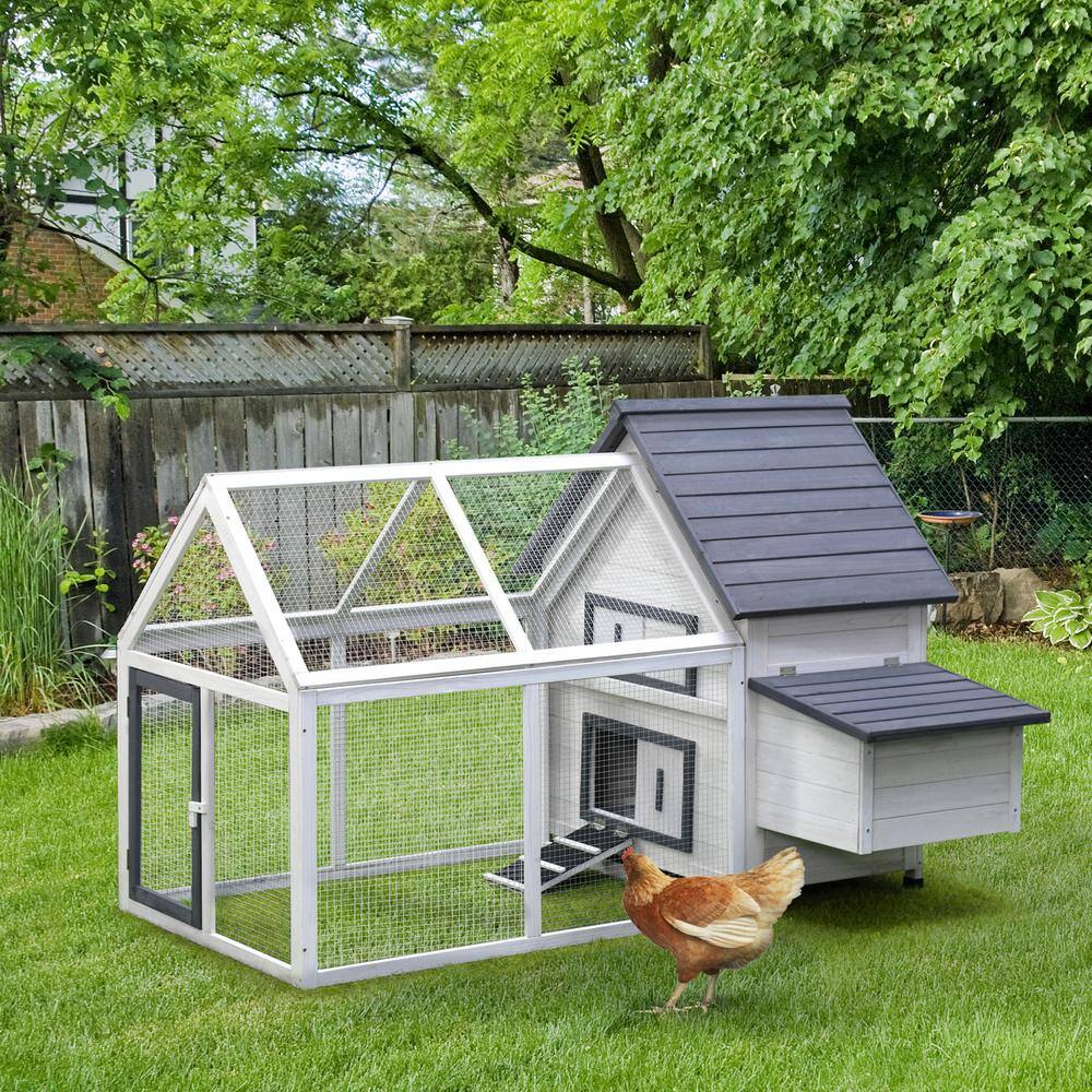 PawHut D51-102 Grey and White Wooden 0.07-Acre In-Ground Poultry Cage with Nesting Box. Ramp. Run