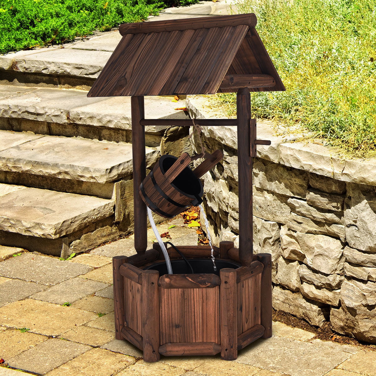 Costway Garden Rustic Wishing Well Water Fountain Wooden Outdoor Electric Backyard Pump