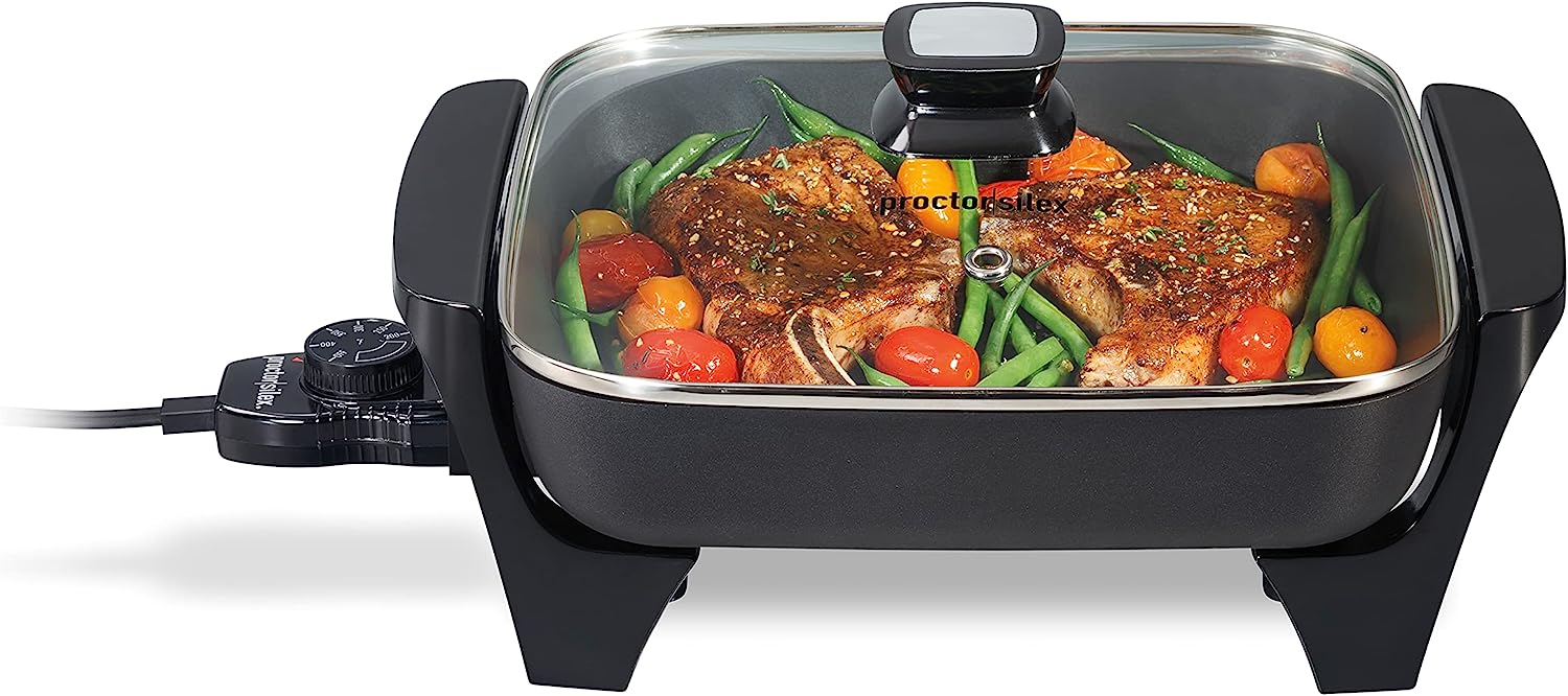Proctor Silex Electric Skillet with Lid. 116 sq. in. Nonstick Cooking Surface for Frying. Sauteing. Simmering and Braising. Adjustable Temp 200° to 400° F. Black (38526PS)