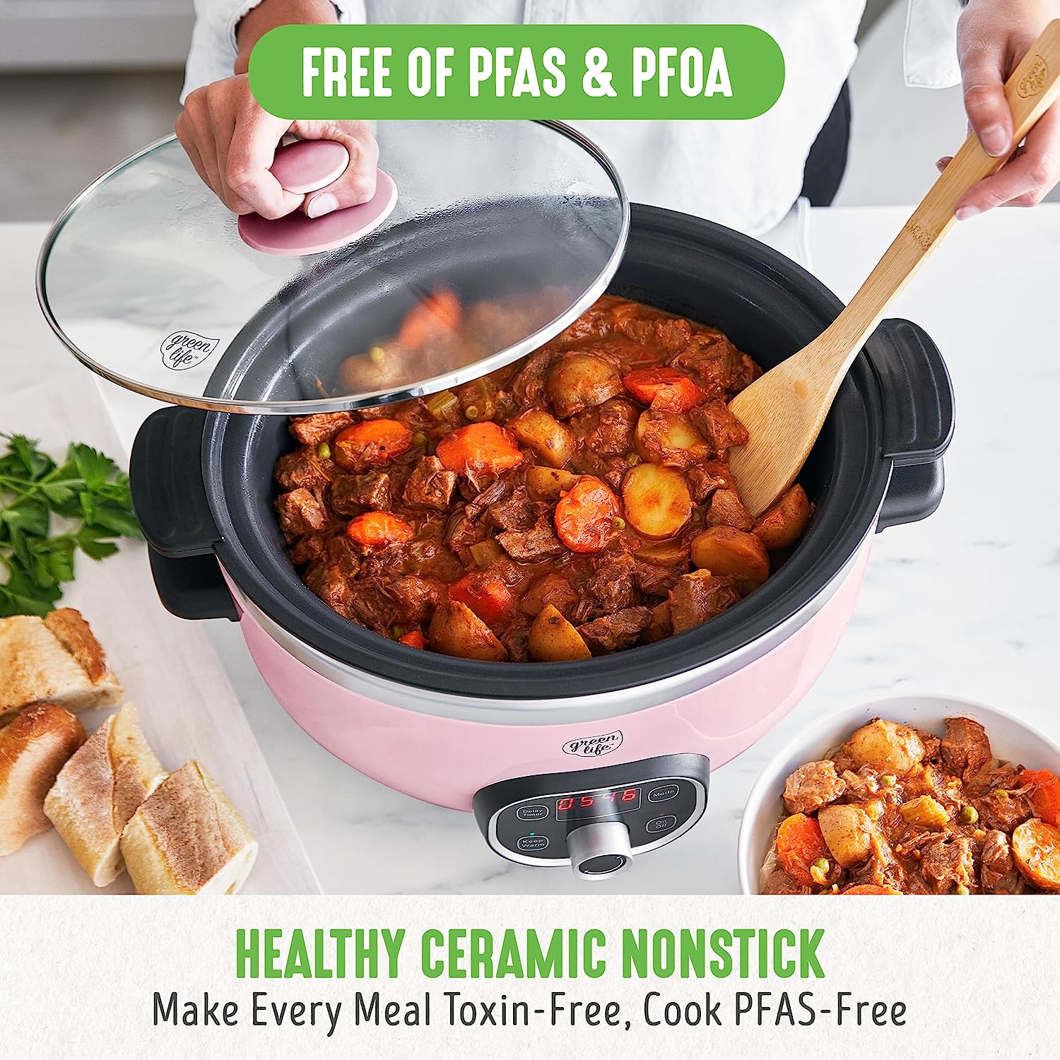 GreenLife Cook Duo Healthy Ceramic Nonstick Programmable 6 Quart Family-Sized Slow Cooker. PFAS-Free. Removable Lid and Pot. Digital Timer. Dishwasher Safe Parts. Pink