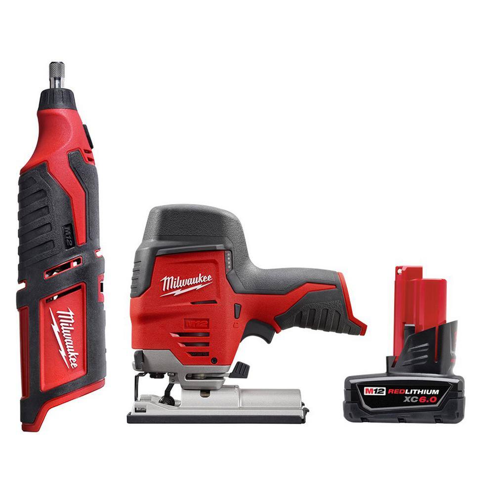 Milwaukee 2460-20-2445-20-48-11-2460 M12 12V Lithium-Ion Cordless Rotary Tool with M12 Cordless Jig Saw and 6.0 Ah XC Battery Pack