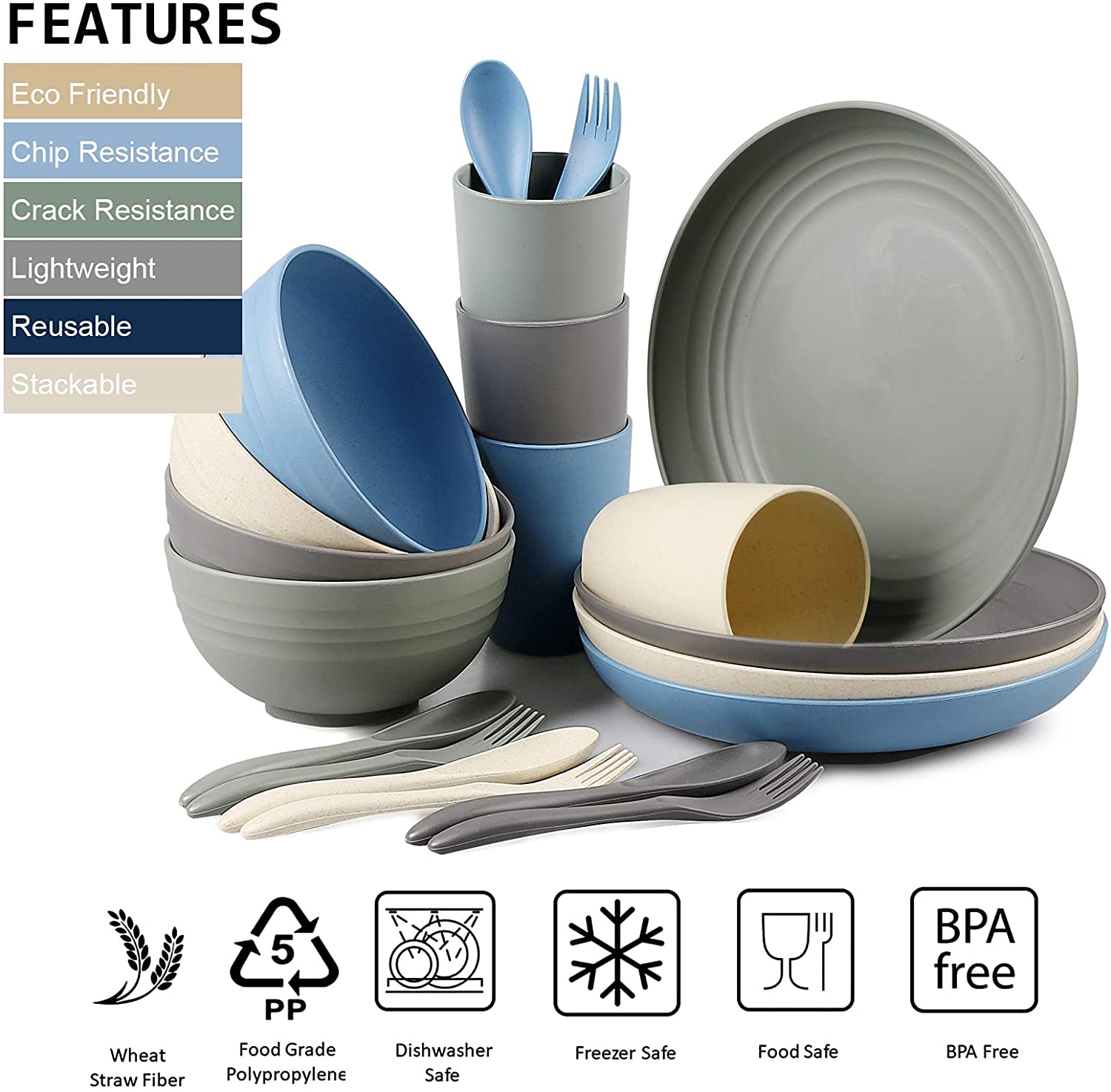 shopwithgreen Wheat Plastic Kids Dinnerware Sets (20PCS) - Lightweight & Unbreakable Children Tableware Set - Microwave and Dishwasher Safe Plates. Bowls. Cups. Forks and Spoons. BPA Free