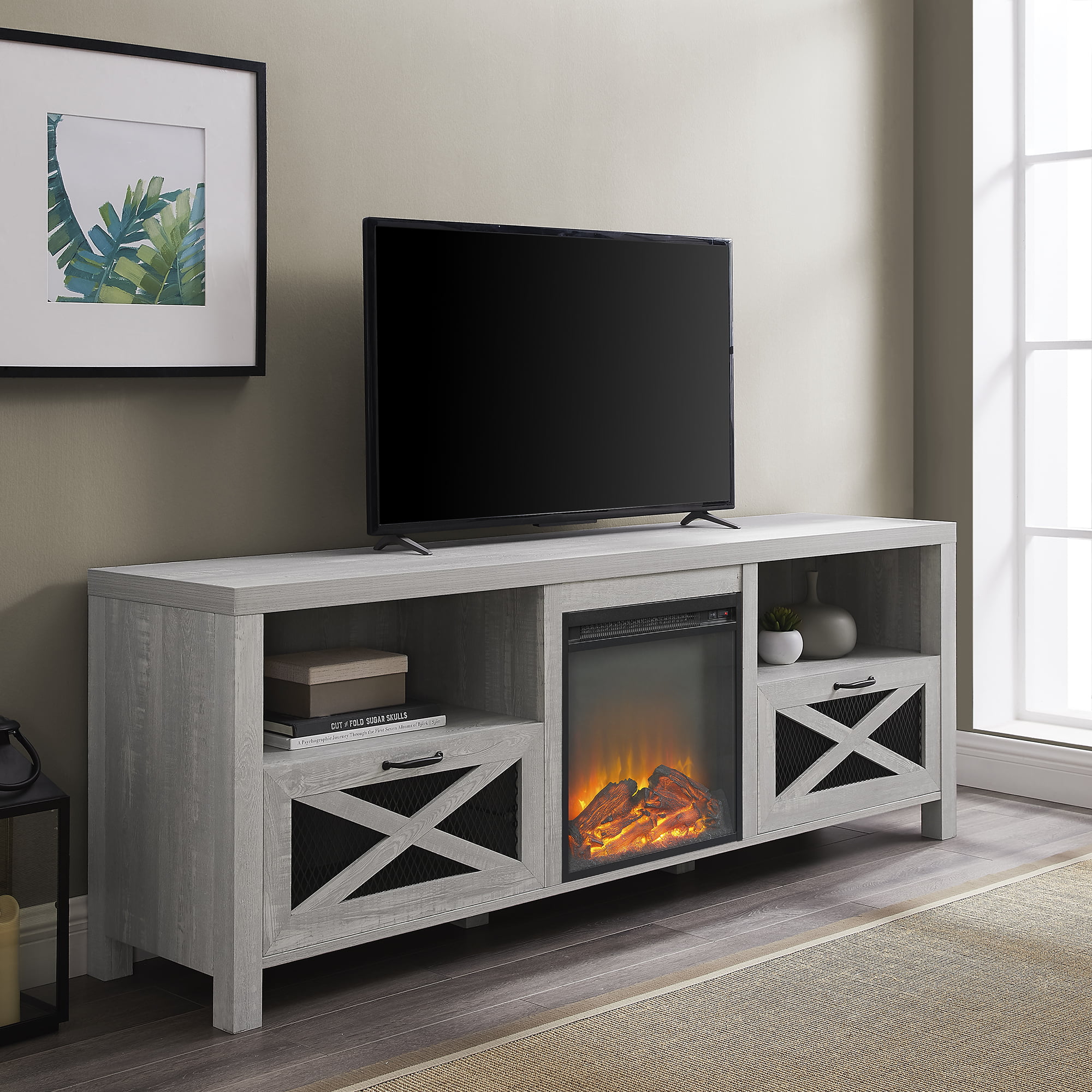 Manor Park Rustic Fireplace TV Stand for TVs up to 78″. Stone Grey