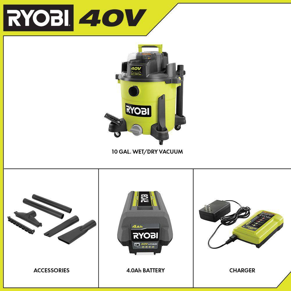 RYOBI RY40WD01K 40V 10 Gal. Cordless Wet/Dry Vacuum Kit with 40V 4.0 Ah Battery and 40V Charger