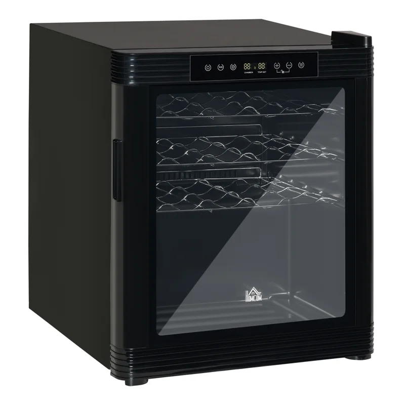 HOMCOM 800-081 18 Bottle Wine Cooler Mini Beverage Fridge. Freestanding Wine Cellar with Digital Temperature Control. 3 Removable Shelves. Glass Door. Alarm Function and LED Lighting. Black