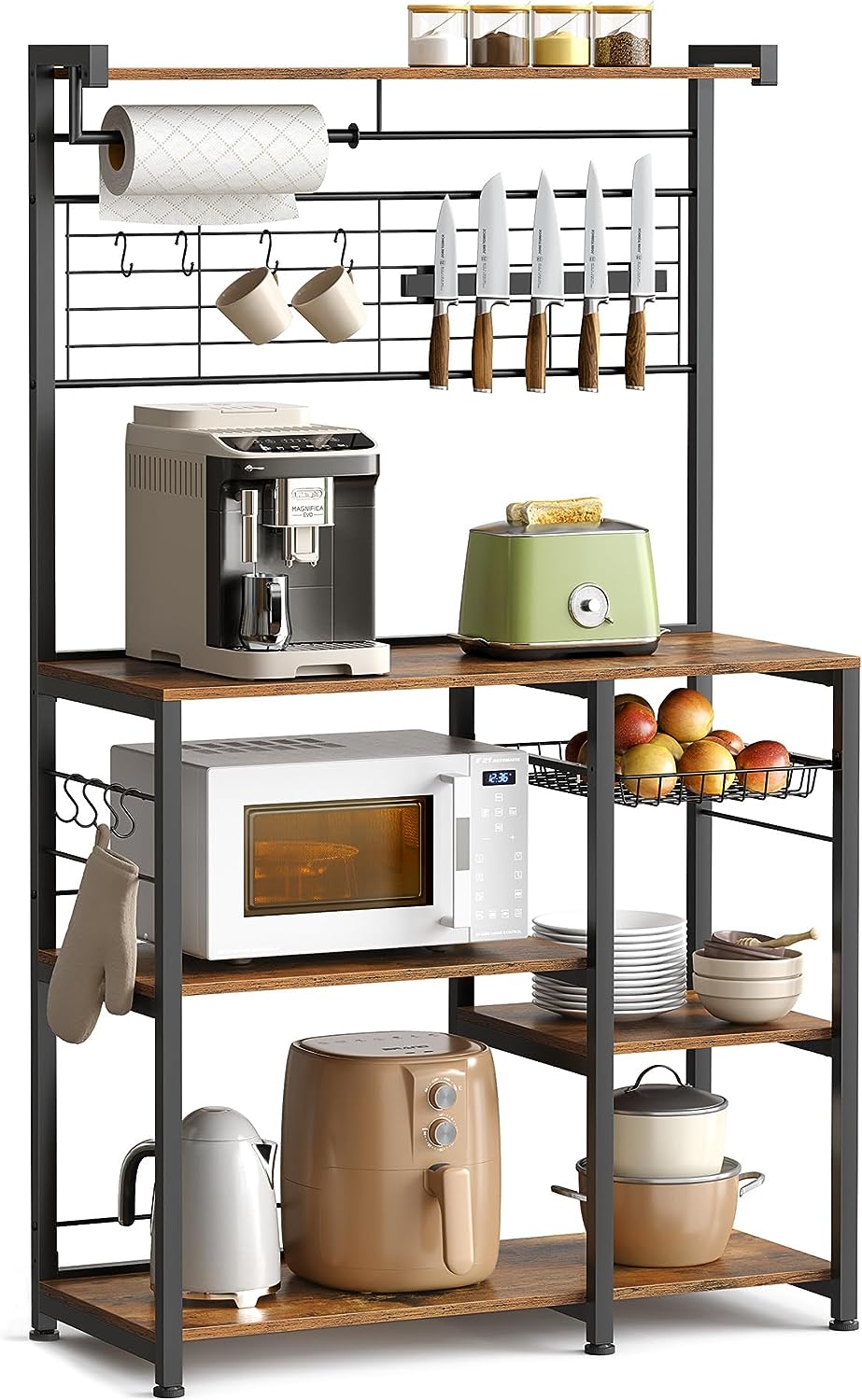 VASAGLE Bakers Rack with Magnetic Knife Holder. Paper Holder. Wire Basket. 8 Hooks. Organizers and Storage. Rustic Brown and Black UKKS026B01