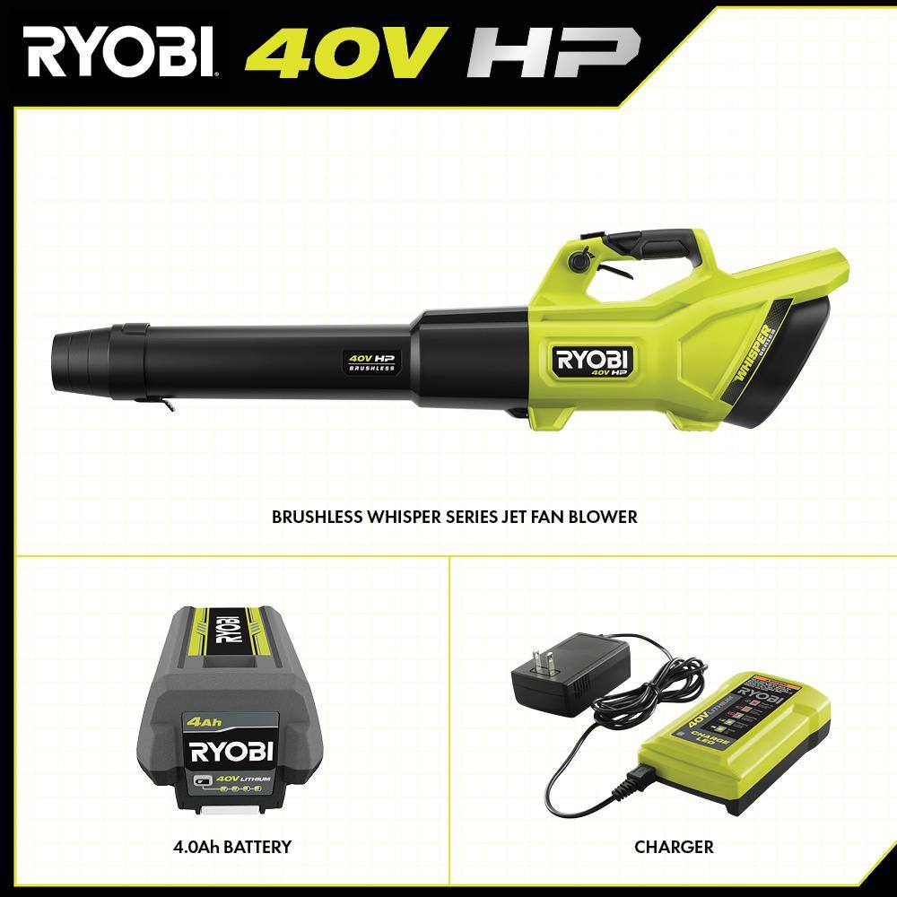 RYOBI RY404130 40V HP Brushless Whisper Series 155 MPH 600 CFM Cordless Battery Leaf Blower with 4.0 Ah Battery and Charger