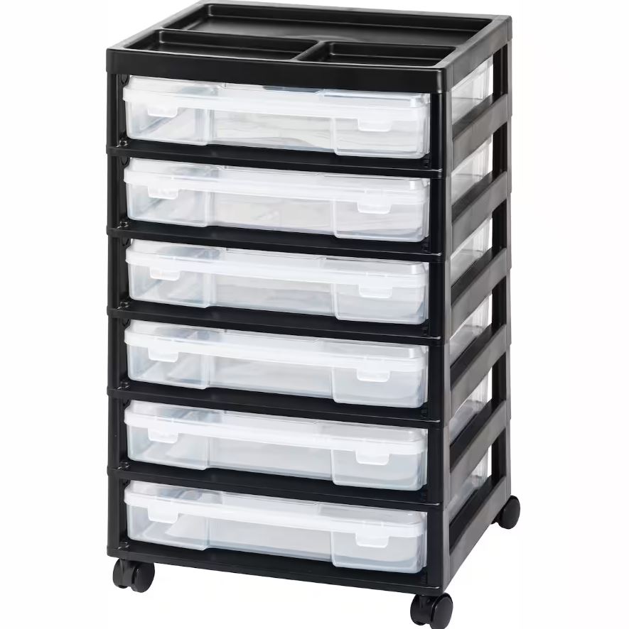 Iris 6 Case Rolling Scrapbook Cart with Organizer Top. Black