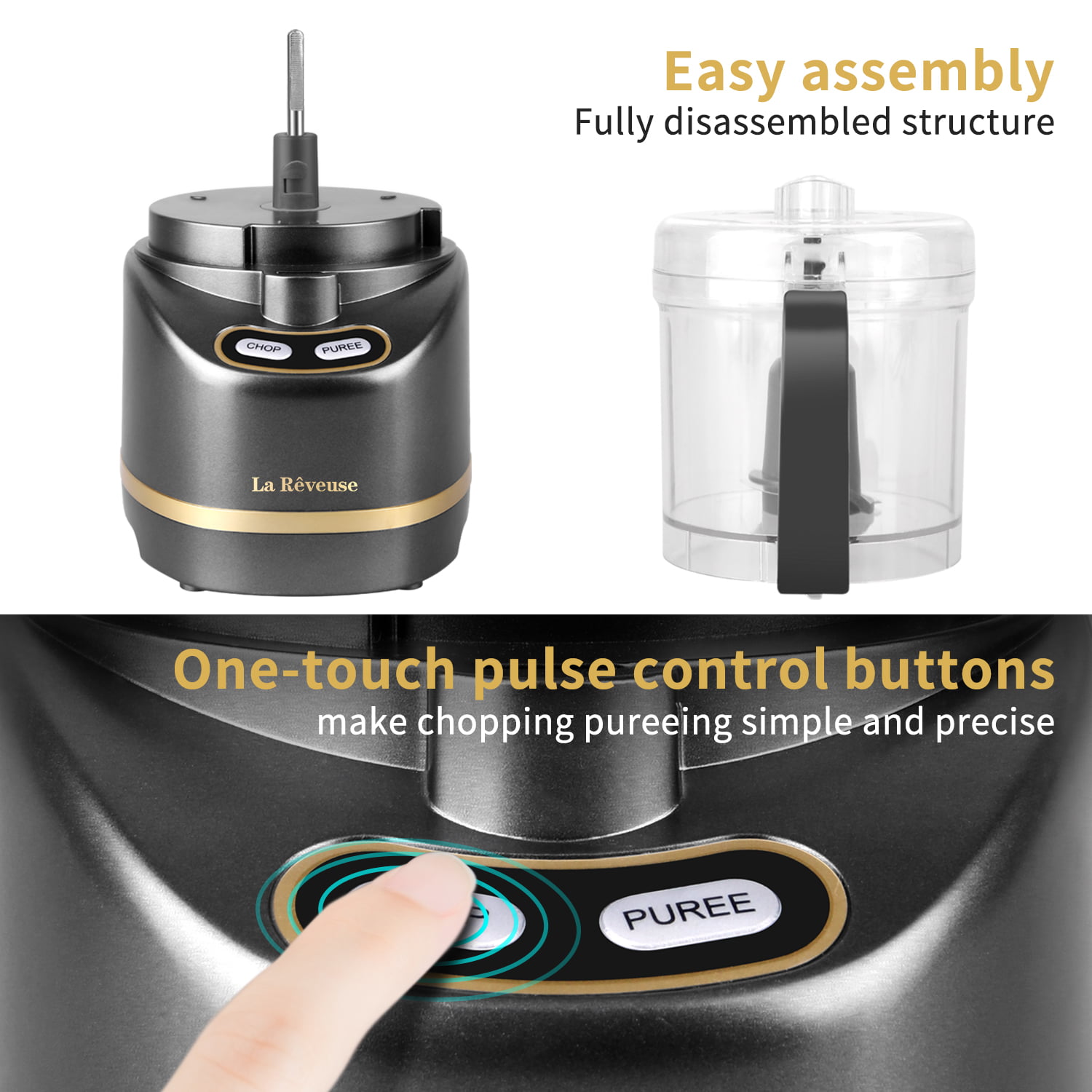 La Reveuse Electric Mini Food Processor Blender with 200 Watts. 2-Cup Prep Bowl for Mincing.Chopping(Metallic Gray)