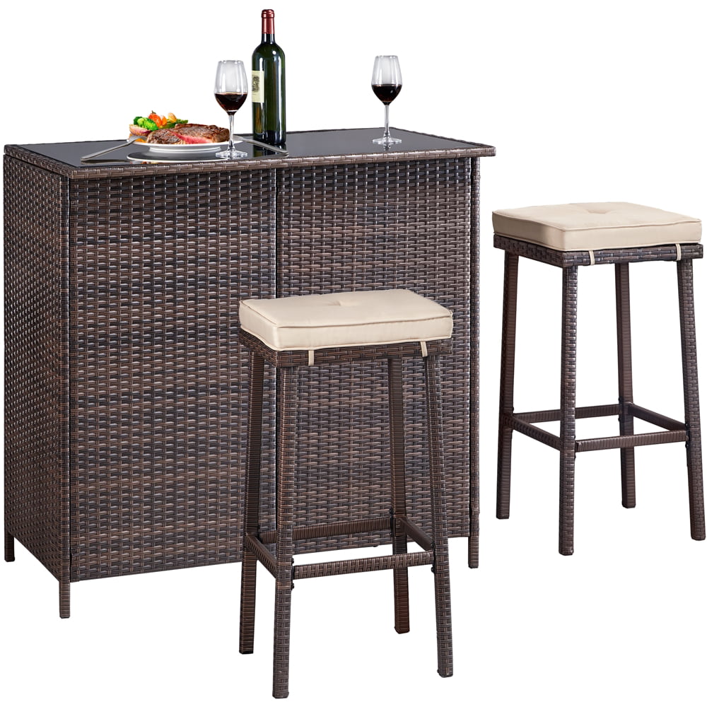 Easyfashion 3-Piece Outdoor Rattan Wicker Bar Set. Brown