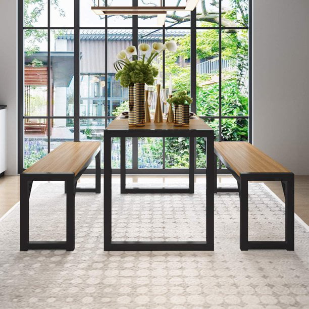 Amolife 3-Piece Modern Industrial Dining Table Set with Benches. Black Frame+walnut