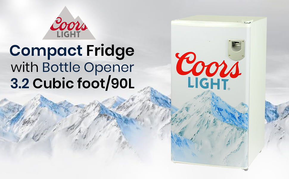 Coors Light Compact Fridge with Bottle Opener. 90 L/ 95 Quart 3.2 Cubic Foot for Snacks. Beverages. Juice. Beer. Den. Dorm. Office. Games Room. or RV