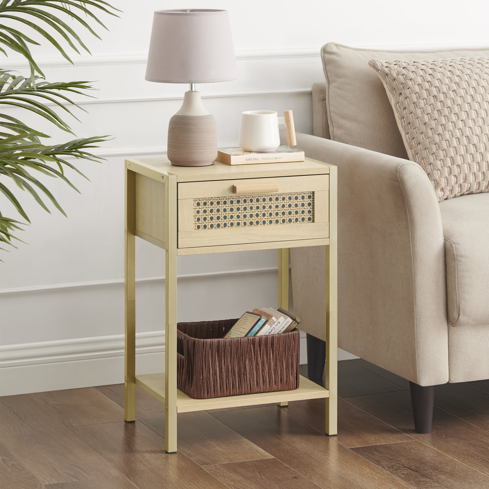 YOUKESI Rattan Nightstand. End Table with Shelf and Drawer. Bedside Tables. Natural 02G-003-CTG