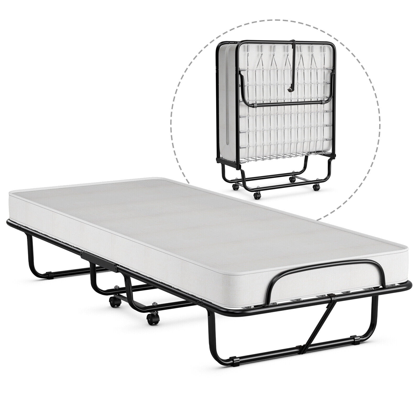 Gymax Rollaway Folding Metal Bed Memory Foam Mattress Cot Guest Made in Italy
