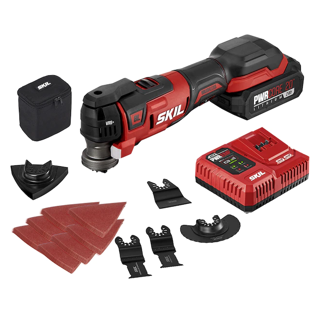 SKIL OS5937-10 PWR Core 20 Brushless 20V Oscillating Multi-Tool Kit with 35pcs Sanding Paper. 3 Blades. Sanding Pad. Rigid Scraper. Accessory Case. Includes 2.0Ah Lithium Battery & PWRJump Charger