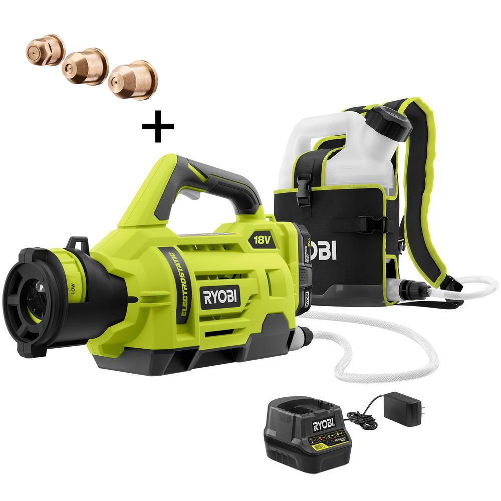 RYOBI P2870-A12 ONE+ 18V Cordless Electrostatic 1 Gal. Sprayer w/ Extra Low/Medium/High Nozzles. (2) 2.0 Ah Batteries. and (1) Charger