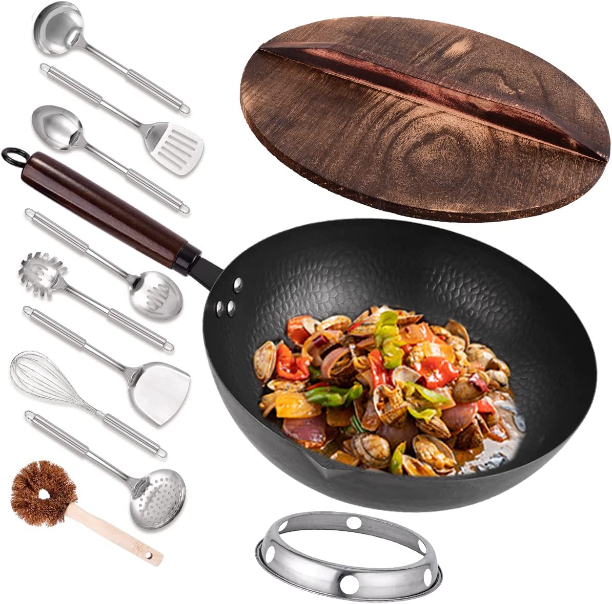 Leidawn 12.8″ Carbon Steel Wok - 11Pcs Woks and Stir Fry Pans with Wooden Handle and Lid.10 Cookware Accessories.For Electric.Induction and Gas Stoves