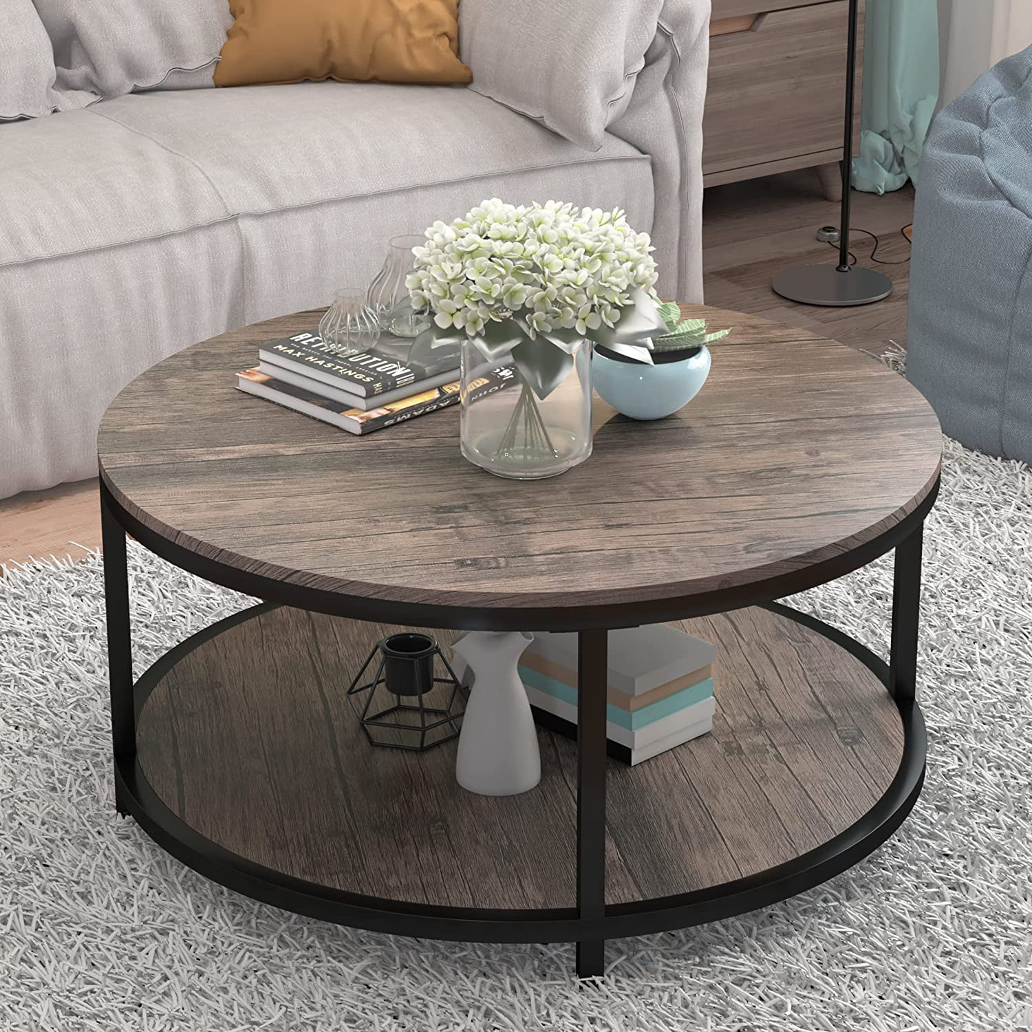 S.Fyronti Modern Round Coffee Tables for Living Room. Wooden Top and Metal Shelf. Grey/Brown/Black