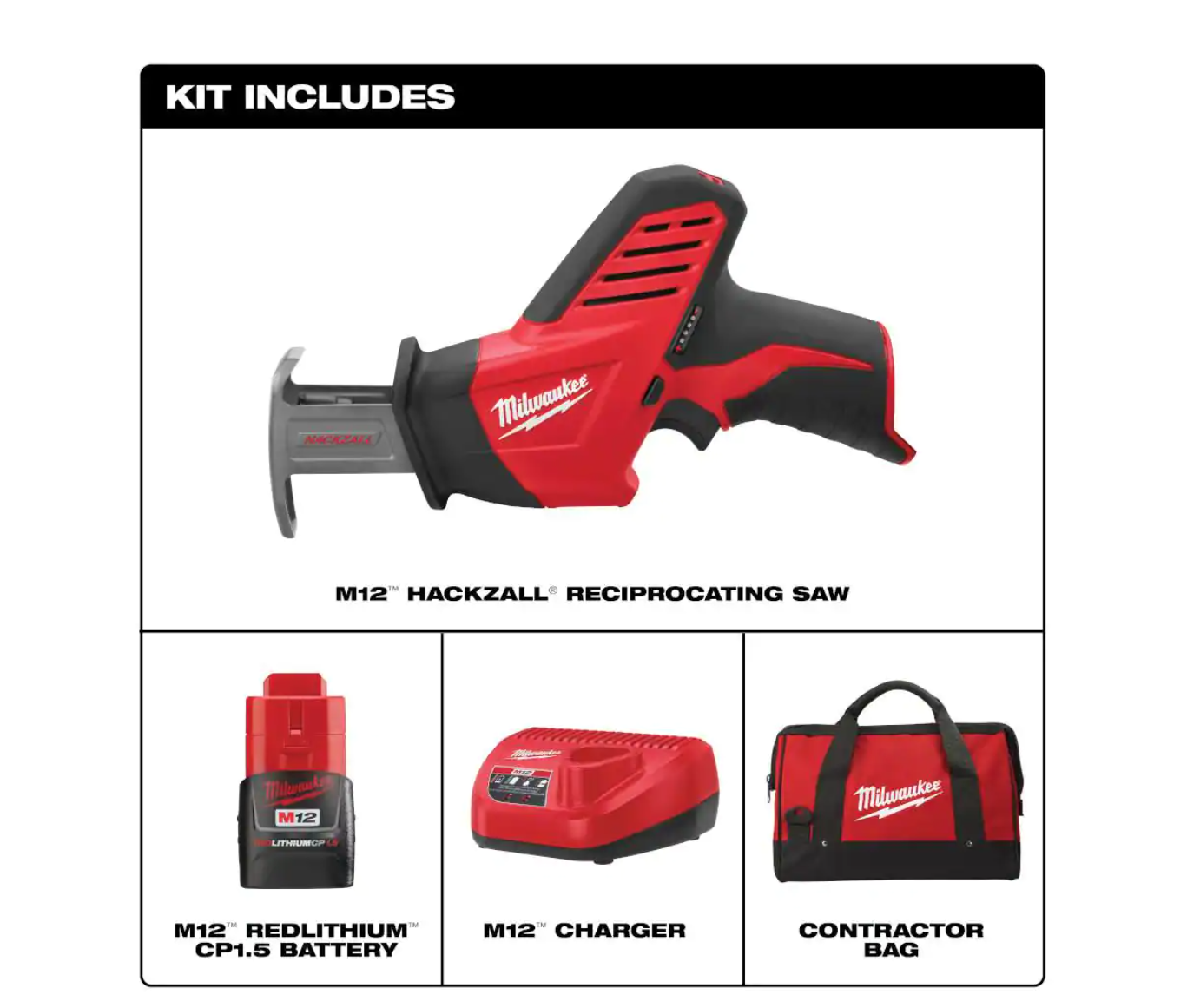 Milwaukee 2420-21 M12 12V Lithium-Ion HACKZALL Cordless Reciprocating Saw Kit with One 1.5Ah Batteries. Charger and Tool Bag