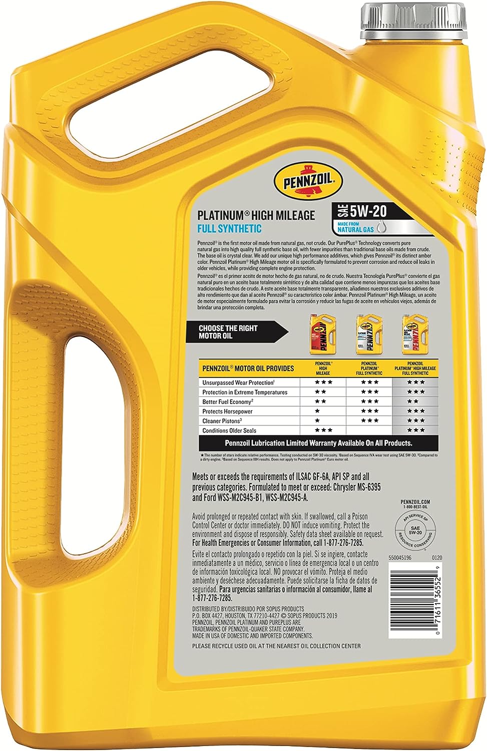 Pennzoil Platinum High Mileage Full Synthetic 5W-20 Motor Oil for Vehicles Over 75K Miles (5-Quart. Case of 3)