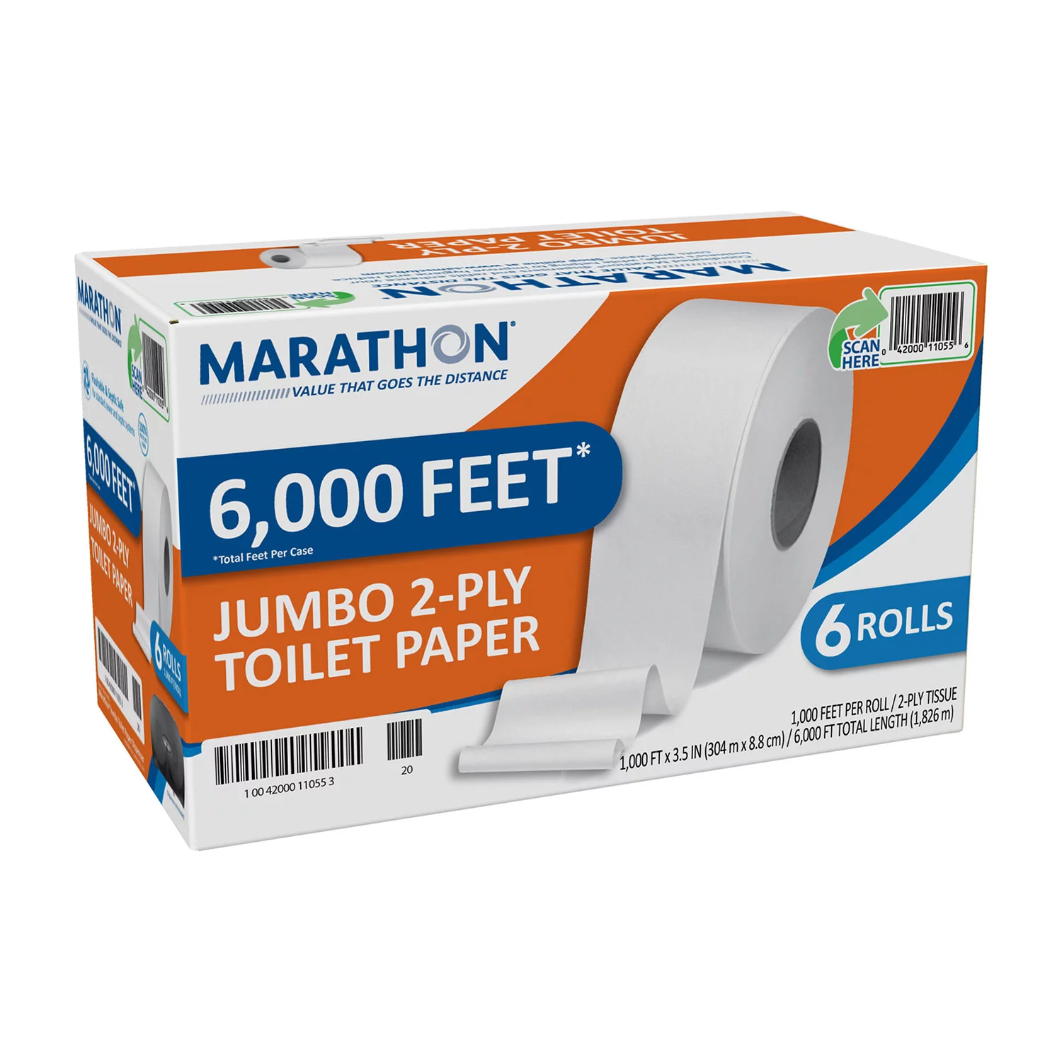Marathon Jumbo Roll 2-Ply Toilet Paper. Septic Safe (1000 ft./roll. 6 rolls/case)