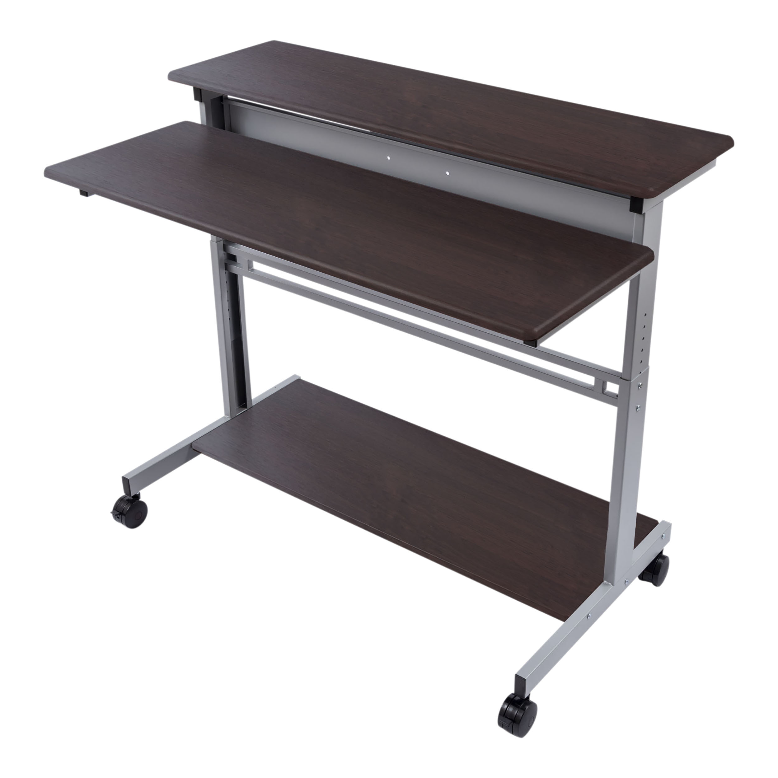 Stand Up Desk Store Rolling Adjustable Height Two Tier Standing Desk Computer Workstation (Silver Frame/Dark Walnut Top. 48″ Wide)