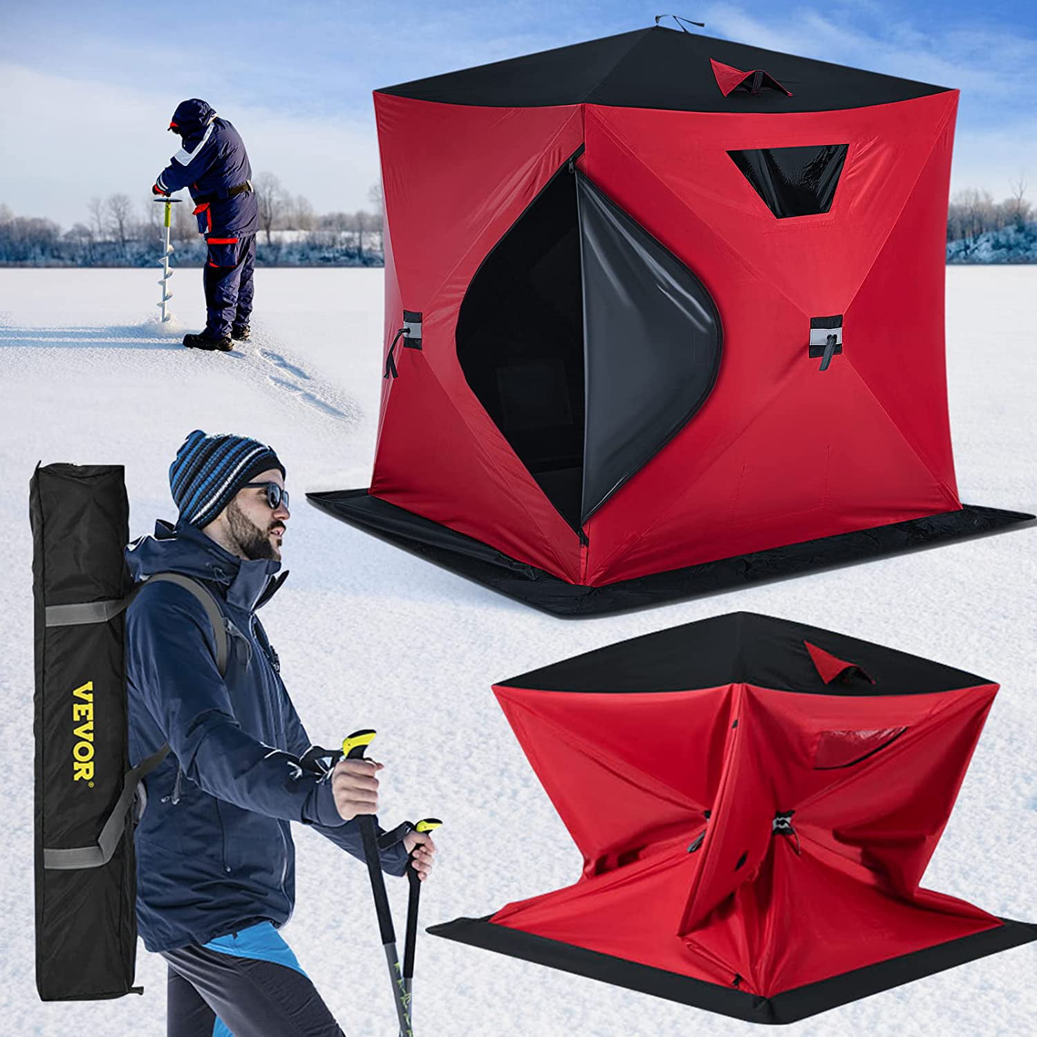 VEVORbrand Waterproof Pop-Up 2-Person Carrying Bag Ice Fishing Shelter with Detachable Ventilation Windows. 300D Oxford Fabric Zippered Door Shanty for Outdoor Fishing. Red