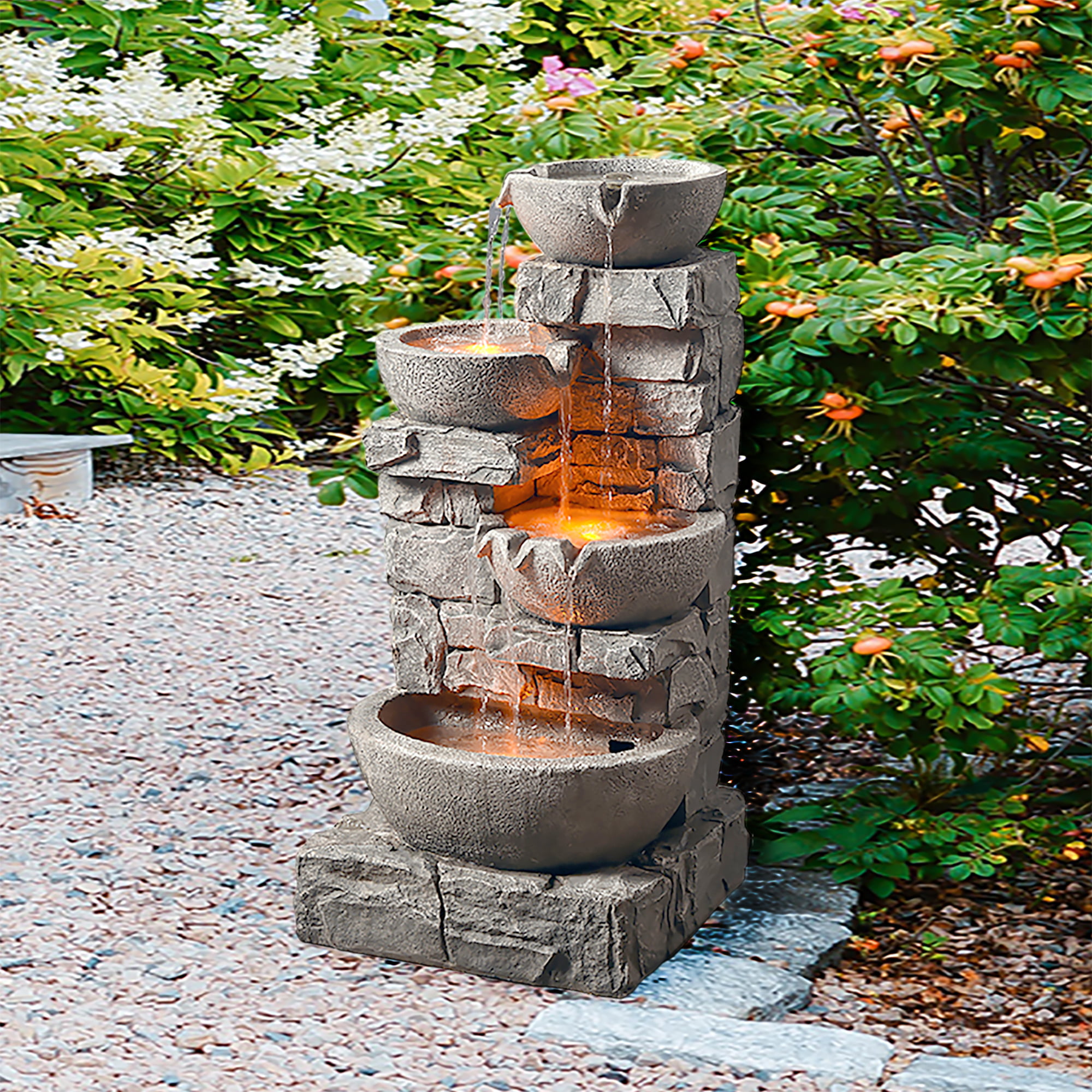 Teamson Home Stacked Stone Tiered Bowl Fountain with LED Light. Gray