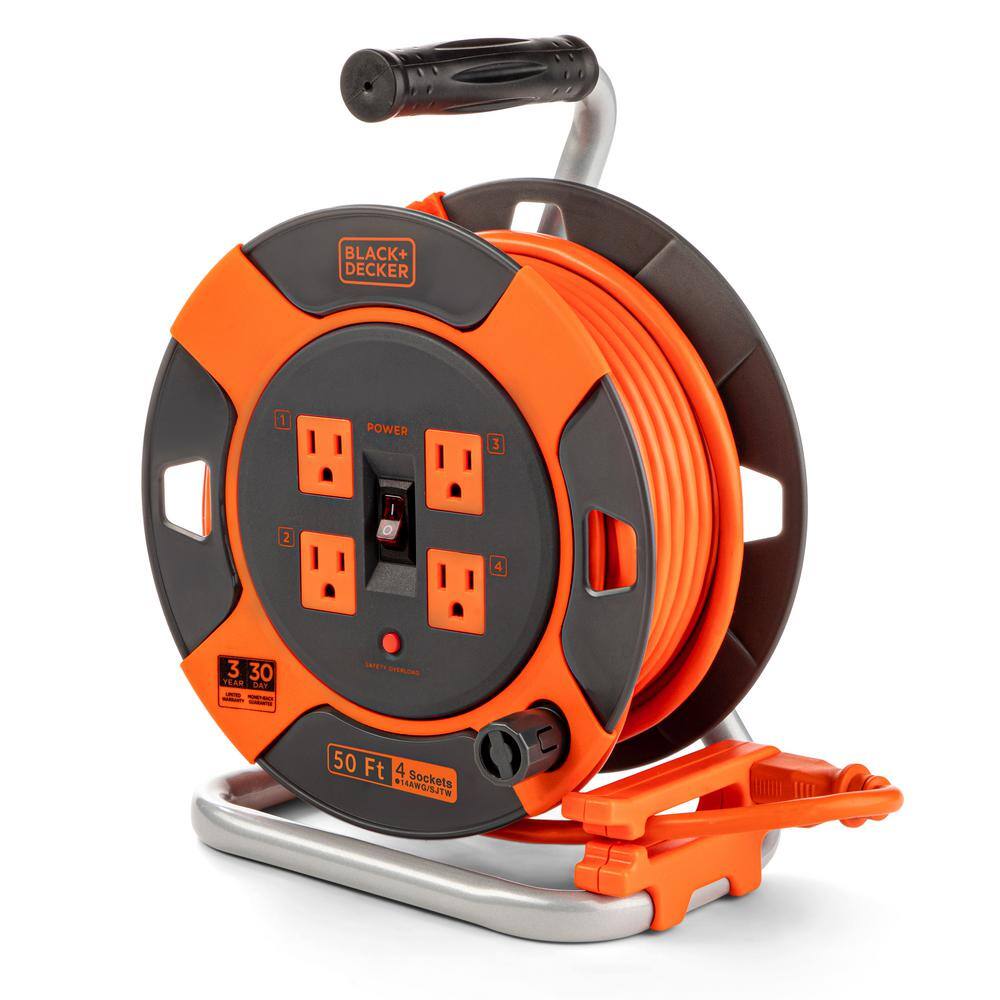 BLACK+ DECKER BDXPA0062 50 ft. 4 Outlets Retractable Extension Cord with 14 AWG SJTW Cable Outdoor Power Cord Reel
