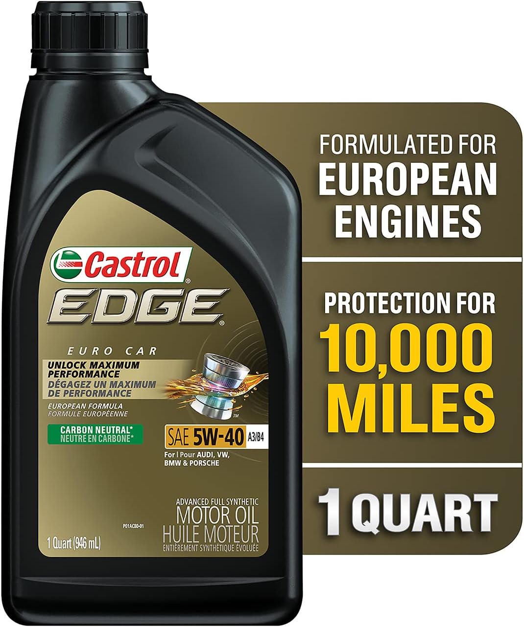 Castrol EDGE Euro 5W-40 A3/B4 Advanced Full Synthetic Motor Oil. 1 Quart. Pack of 6