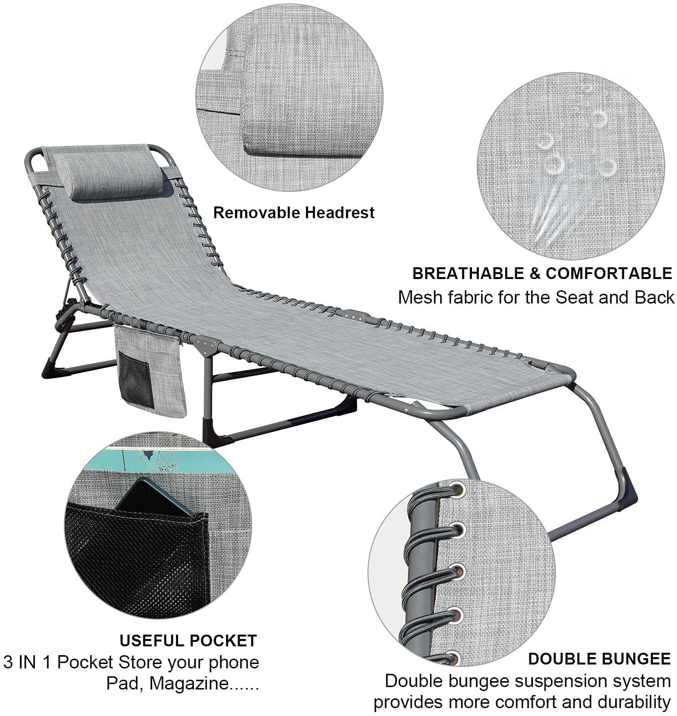 GOLDSUN 2 Pieces Outdoor Adjustable Chaise Lounge Set with Detachable Pocket.All Weather Reclining Folding Patio Lounge Chair Set for Garden.Beach. Sunbathing. Pool. Deck.Camping and Poolside-Grey