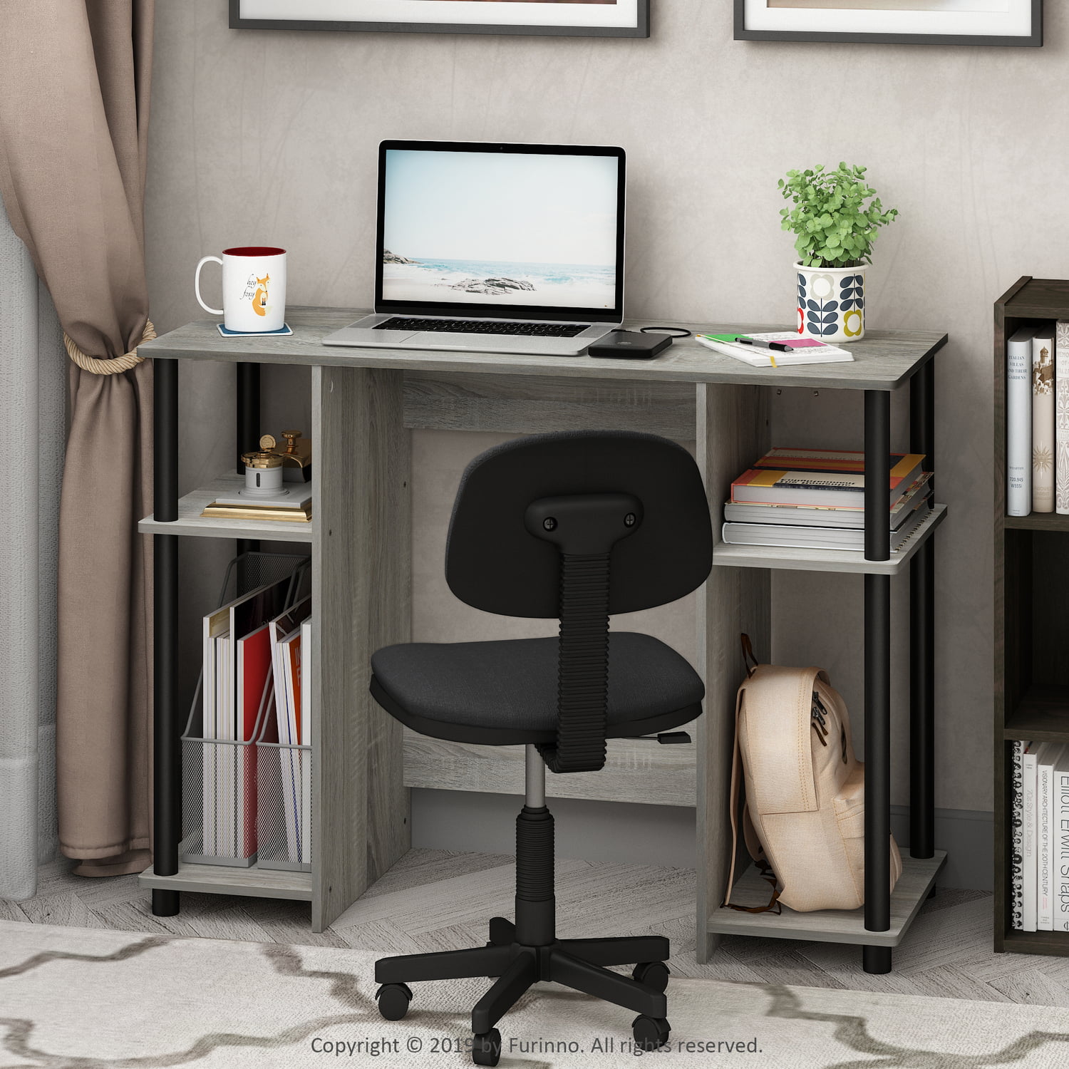 Furinno JAYA Compact Computer Study Desk. French Oak Grey/Black