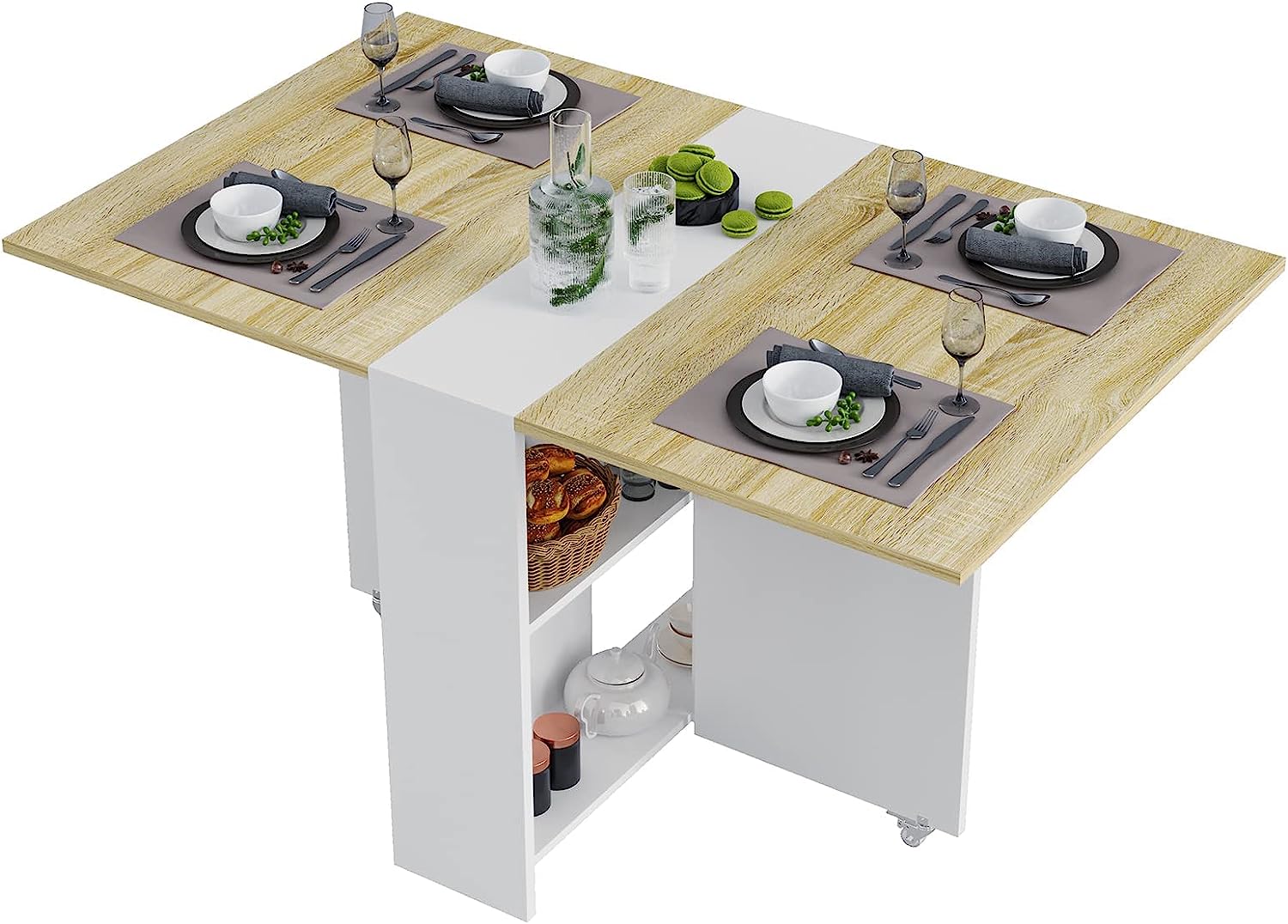 Tiptiper Folding Dining. Versatile Dinner Table with 6 Wheels and 2 Storage Racks. Space Saving Kitchen. Dining Room Table. 31.5 in x 51.2 in x 28.4 in. Pear Wood Color and White