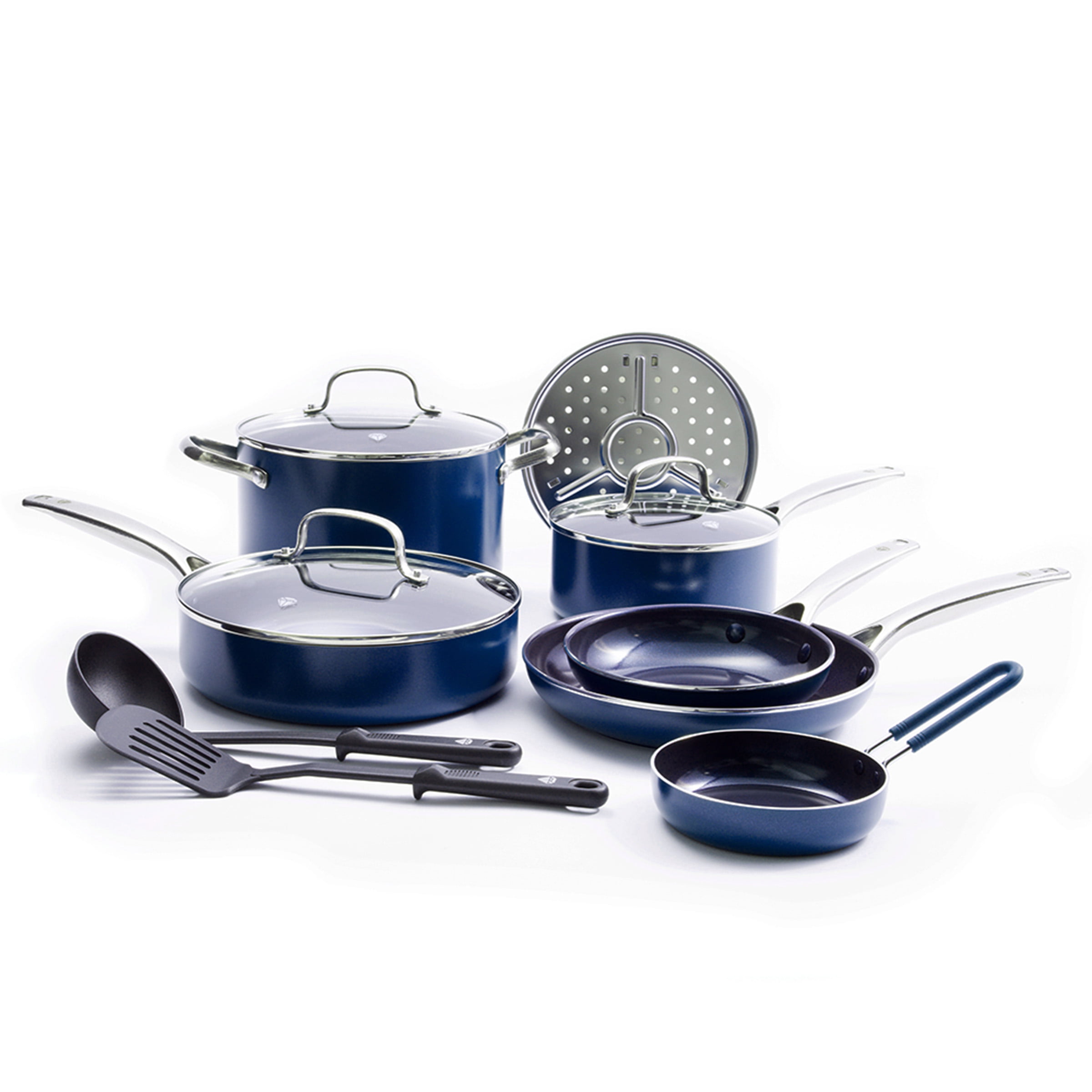 Blue Diamond 12-Piece Toxin-Free Ceramic Nonstick Pots and Pans Cookware Set. Dishwasher Safe