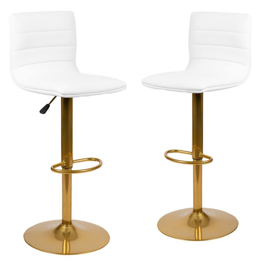 Flash Furniture  Modern White Vinyl Adjustable Mid back Metal Bar Stool. Counter Height Swivel Stool with Gold Pedestal Base. Set of 2