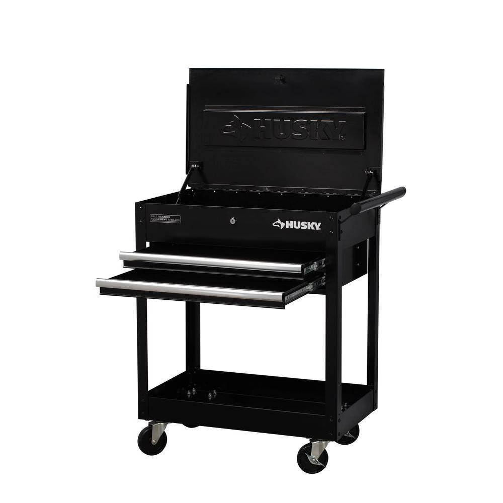 Husky H2DMC 28 in. W x 16.3 in. D Standard Duty 2-Drawer Rolling Tool Utility Cart with Lift-Top in Gloss Black
