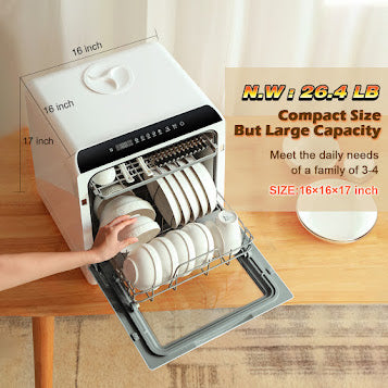 Portable Countertop Dishwasher. Included Lights and Faucet Adapter. 5 Washing Programs. Built-in 3-Cups Water Tank. 3D Cyclone Spray. Fruit & Vegetable Cleaning with Basket