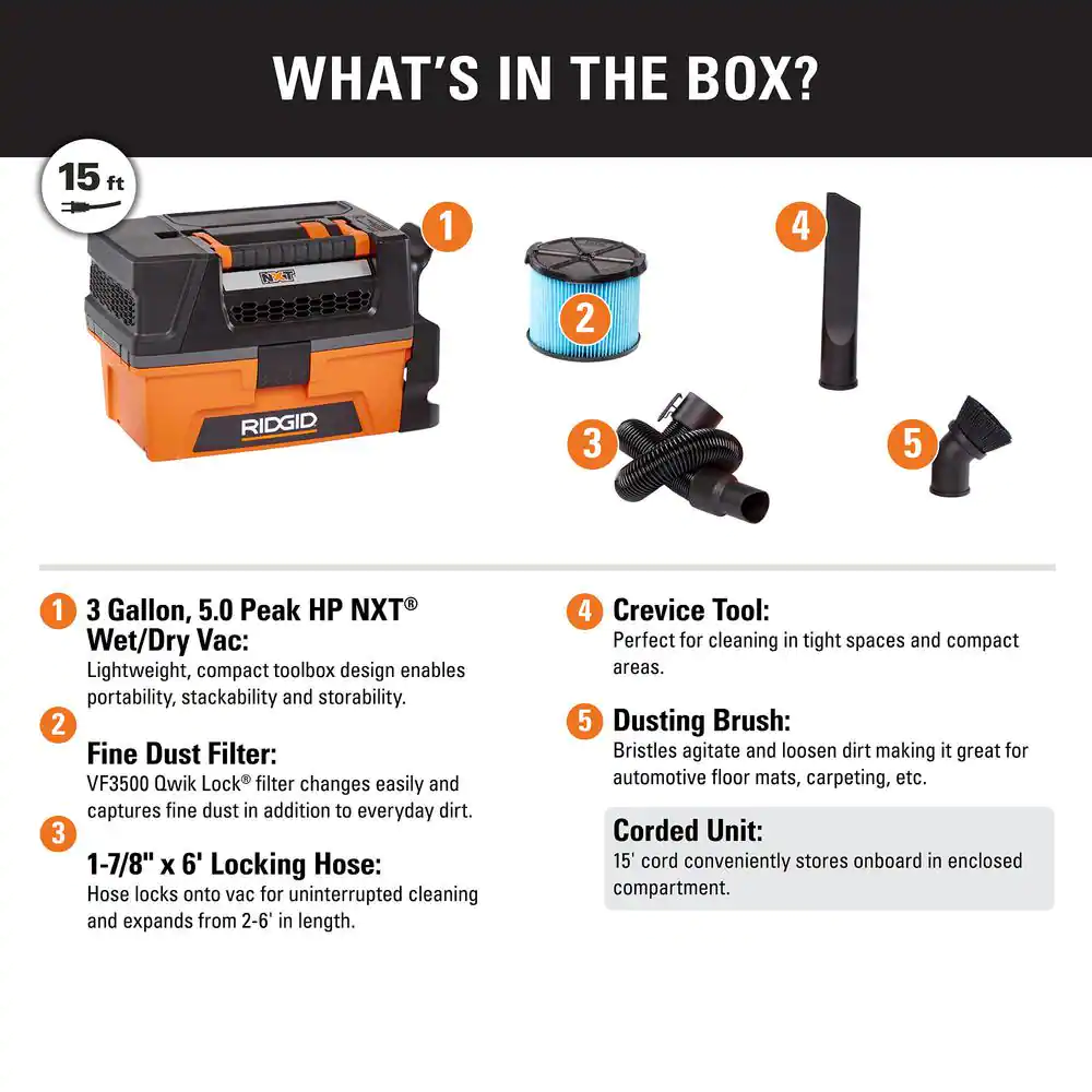 RIDGID HD0300 3 Gallon 5.0 Peak HP NXT Wet/Dry Shop Vacuum with Filter. Expandable Locking Hose and Accessories