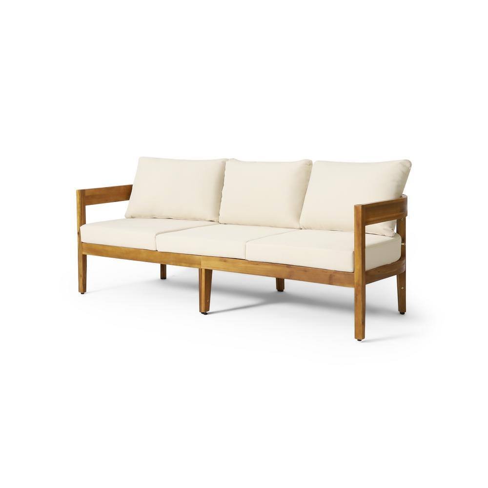 Noble House  Burrough Teak Wood Outdoor Couch with Beige Cushions