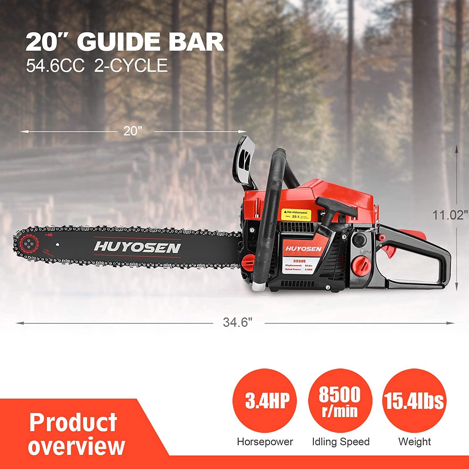 HUYOSEN Gas Chainsaw. 54.6CC 2-Cycle Gasoline Powered Chainsaws. 20-Inch Chainsaw. Handheld Cordless Petrol Power Chain Saws for Forest Cutting Trees. Wood. Garden and Farm(HN-C5520E)